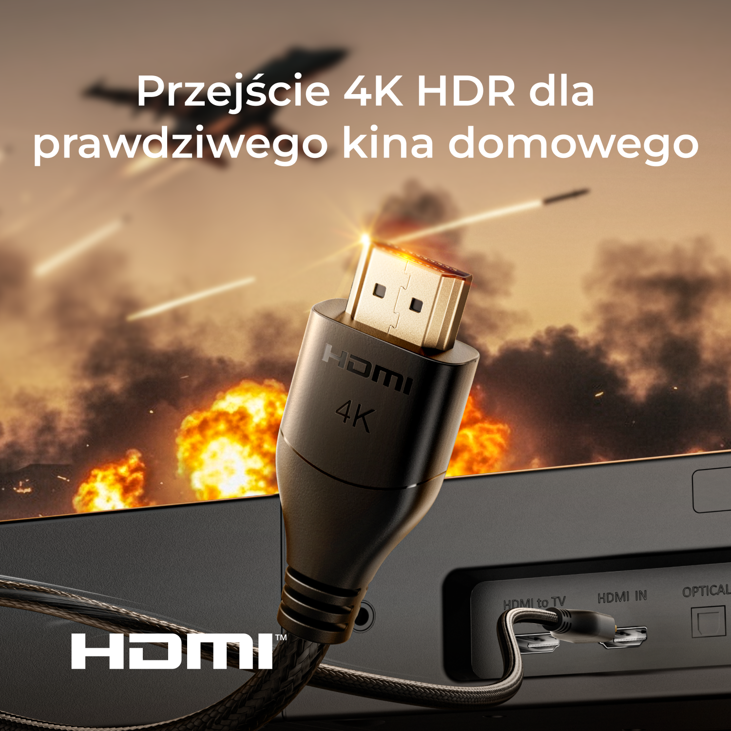 Kabel HDMI z etykietą 4K jest podłączony do czarnego urządzenia. Tekst po polsku: '4K HDR dla prawdziwego kina domowego'.