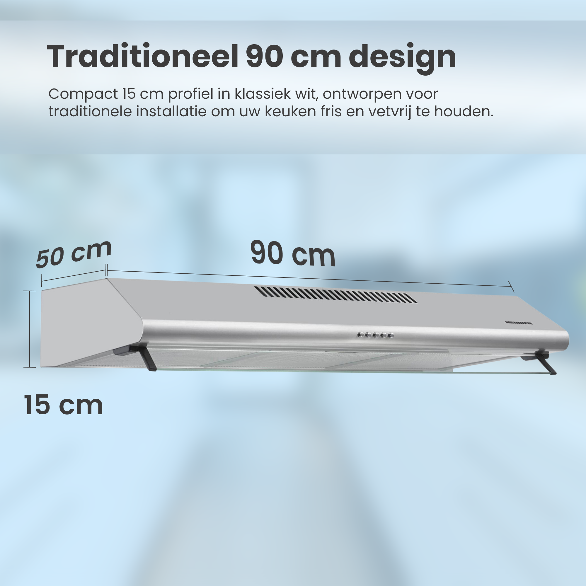 Zilveren afzuigkap, 90 cm breed, met afmetingen. Tekst bovenaan, blauwe achtergrond.