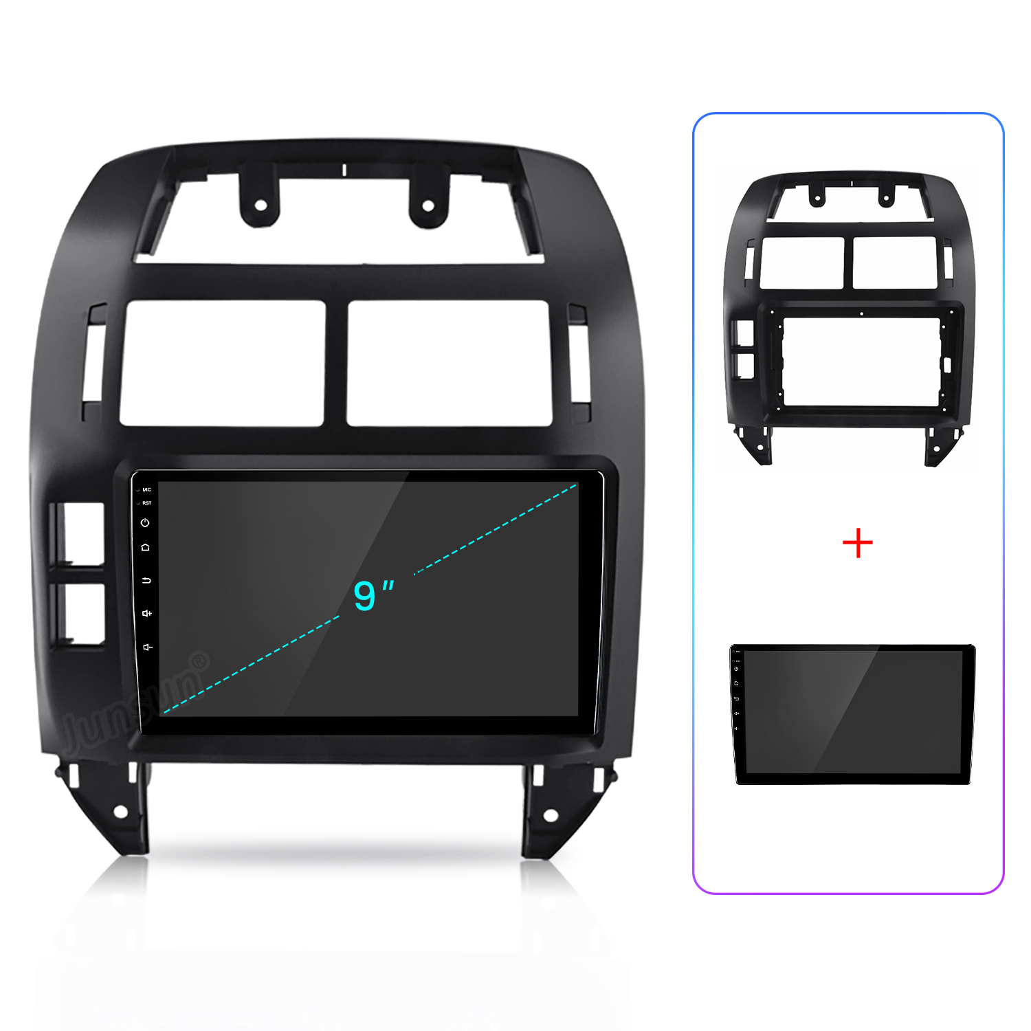 Radio de coche negro con pantalla de 9 pulgadas. Dos componentes adicionales se muestran dentro de un marco azul, con un signo más en medio.