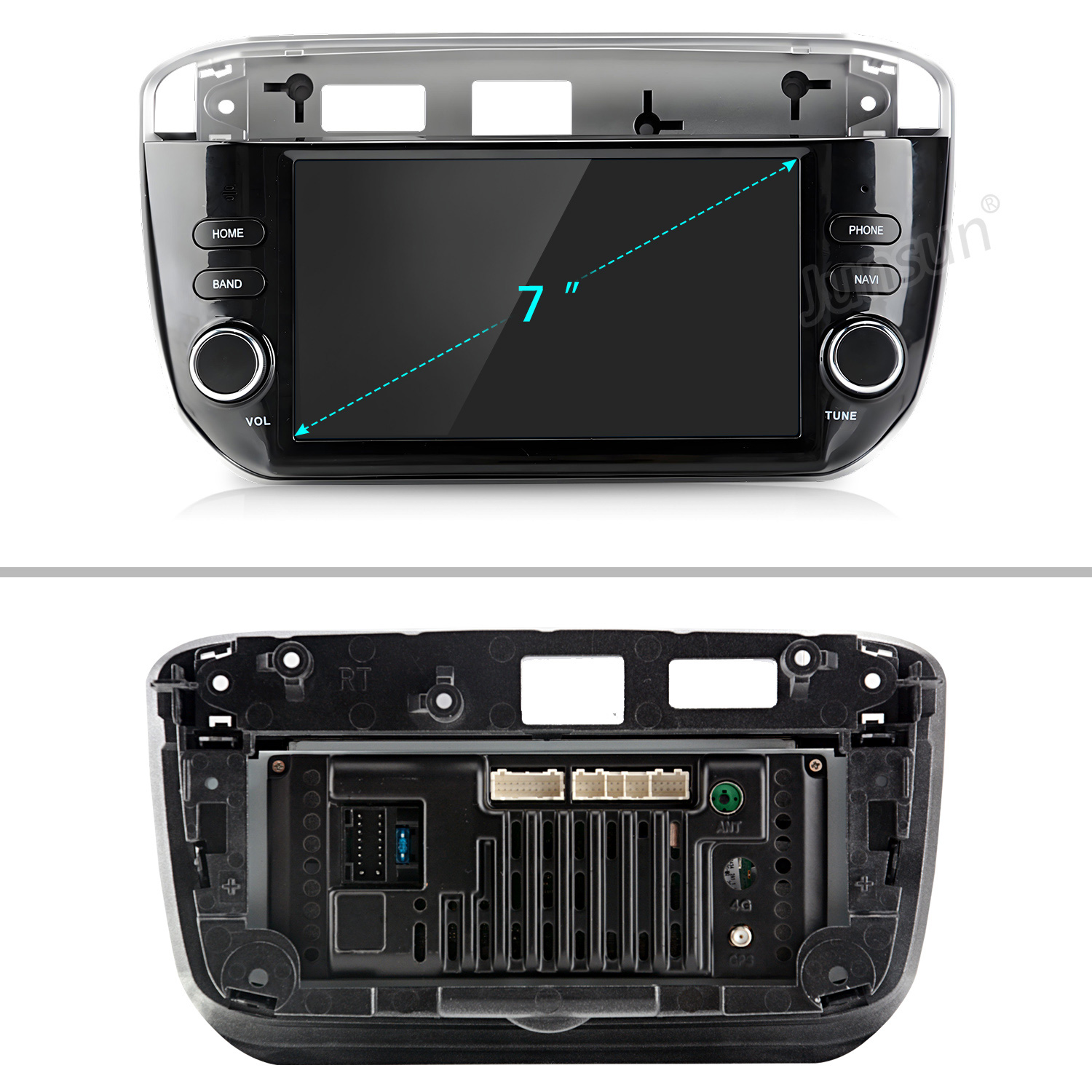 Radio de coche con pantalla de 7", botones para inicio, banda, teléfono y navegación. Con perillas de volumen y sintonización. Parte trasera con conectores.