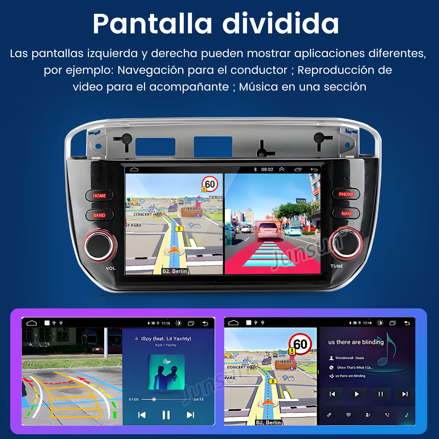 Pantalla del sistema de navegación del coche que muestra mapas, música y otras aplicaciones. La pantalla está dividida.