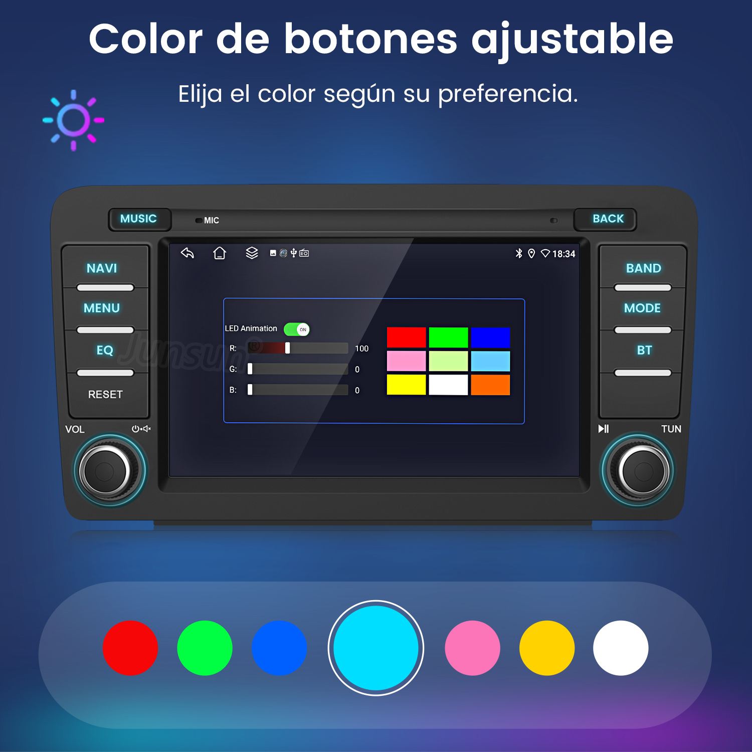 Radio de coche con selección de color. Texto: 'Color de botones ajustable'. Botones: NAVI, MENU, EQ, RESET, etc. Colores: rojo, verde, azul.