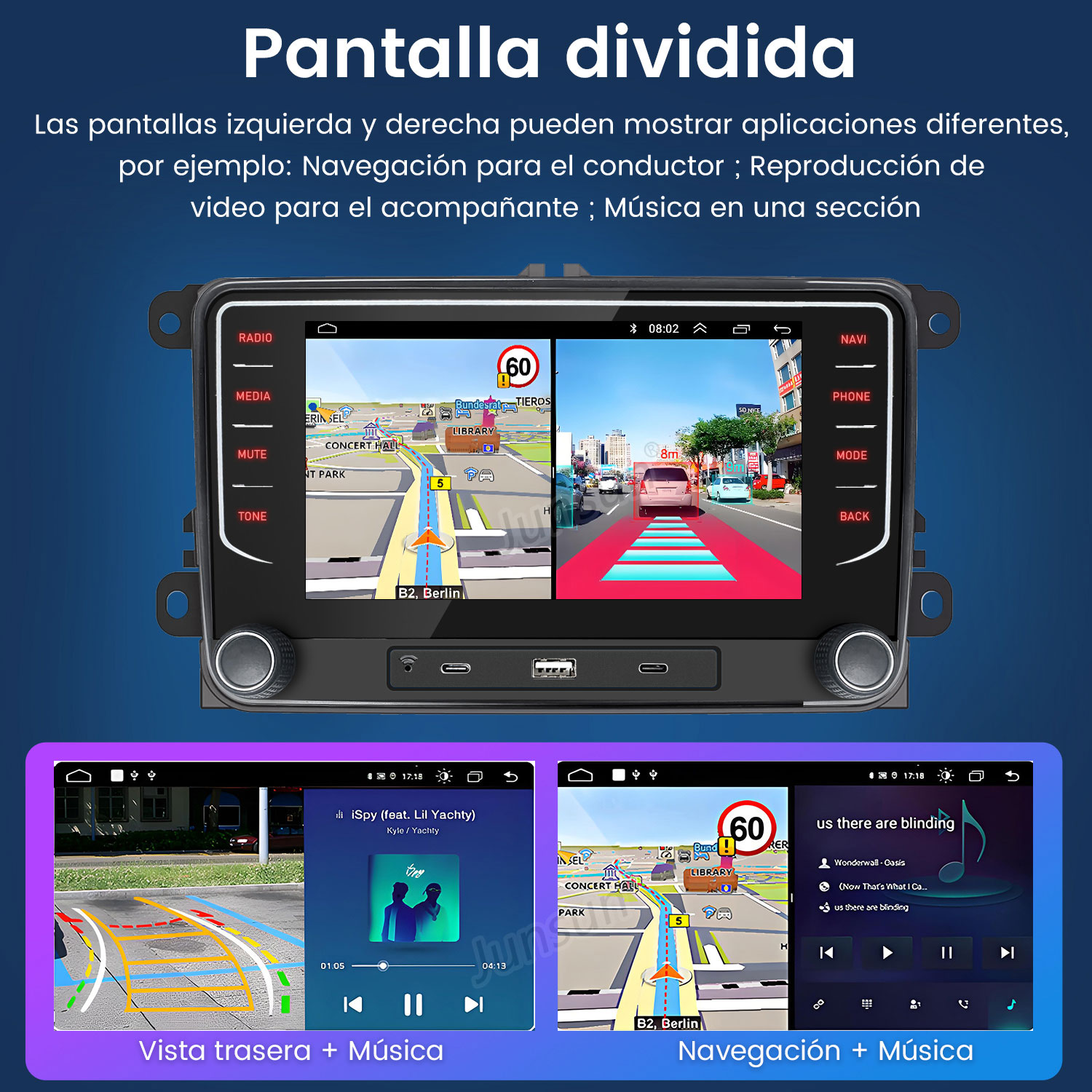 Panel del coche mostrando navegación y música. La pantalla dividida muestra mapa y controles musicales.