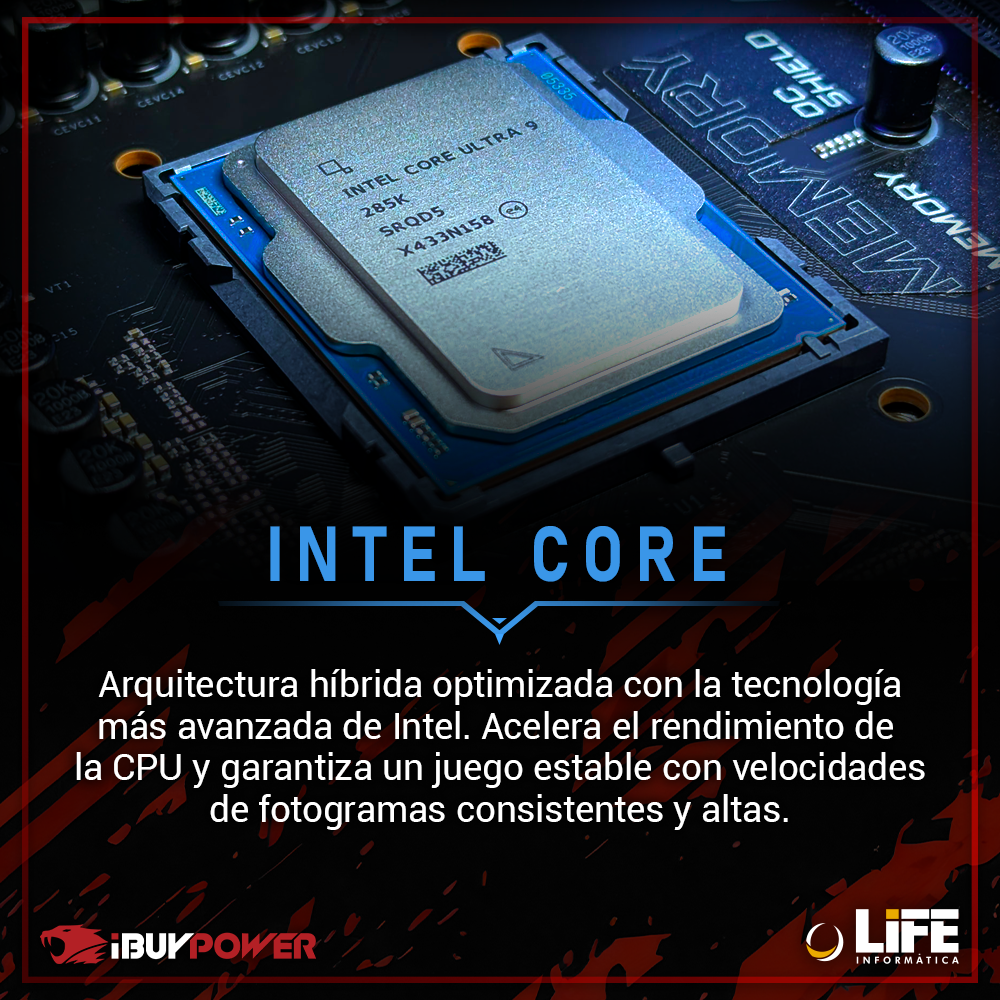 CPU Intel Core Ultra 9 en una placa base. CPU azul y plateada con texto, rodeada por una placa de circuito negro y azul.