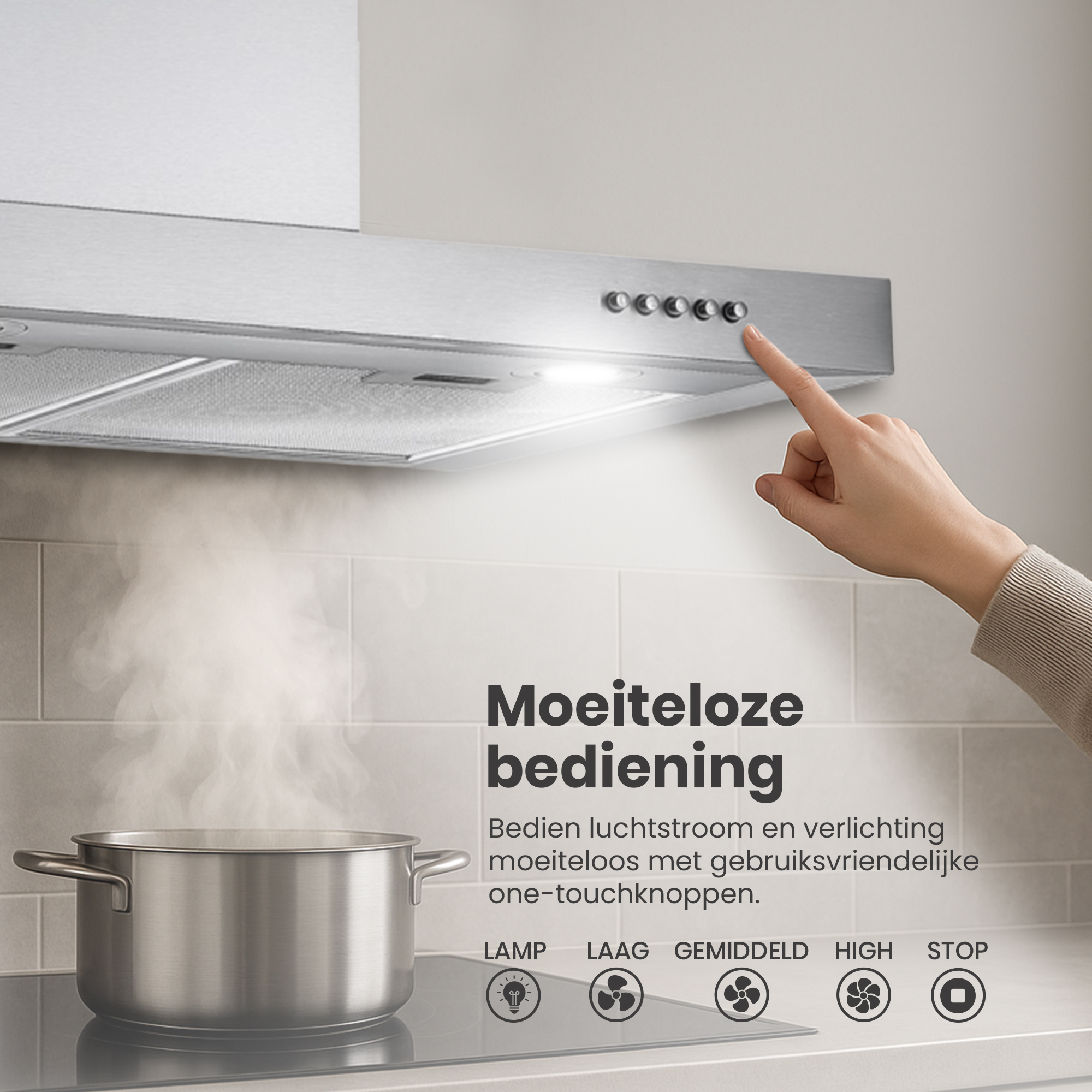 A hand touches a cooker hood button. A pot steams on the hob. Text: easy operation, control lighting and airflow.