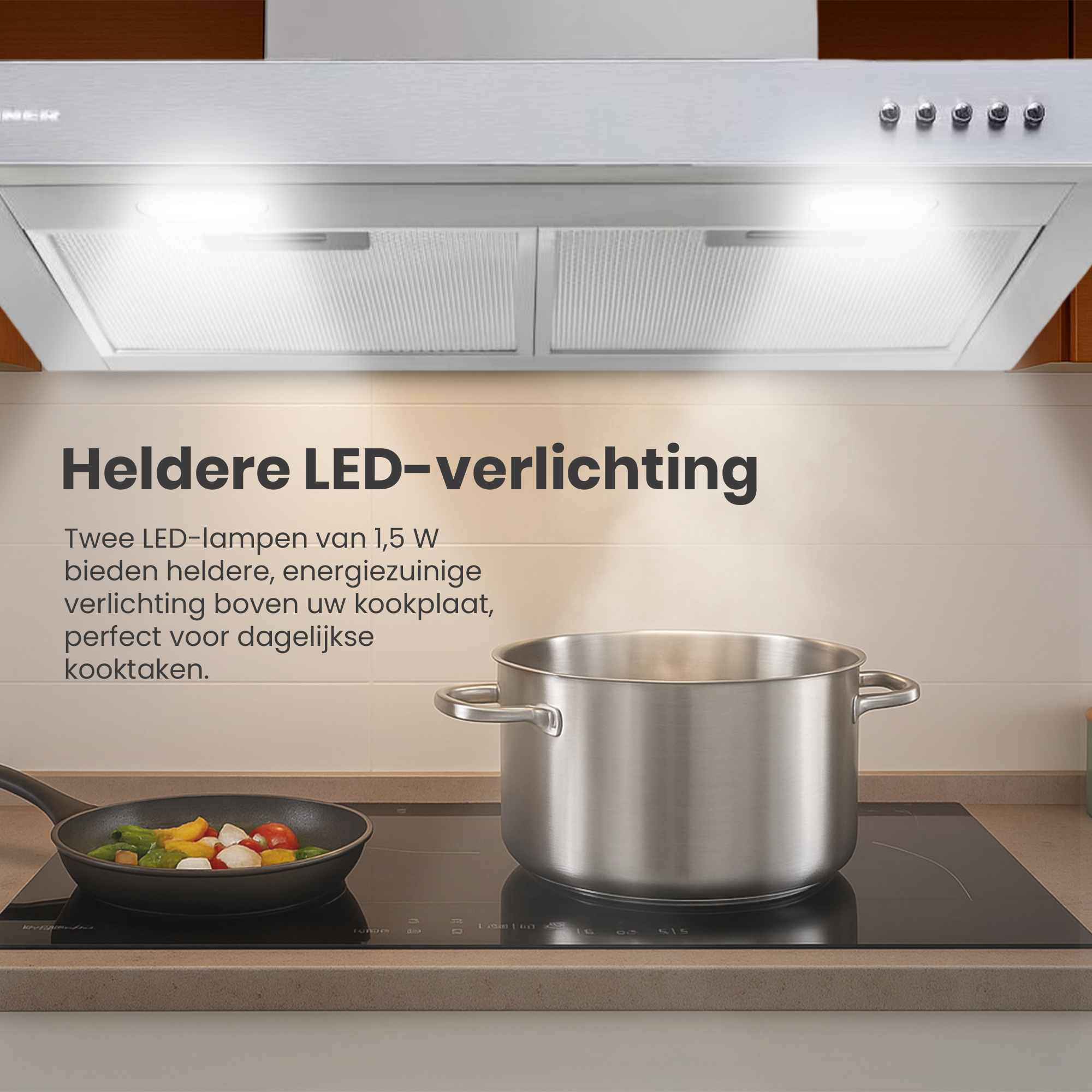 Kitchen scene with a pot, pan with veggies, and a range hood above a stovetop. Bright lights illuminate the scene.