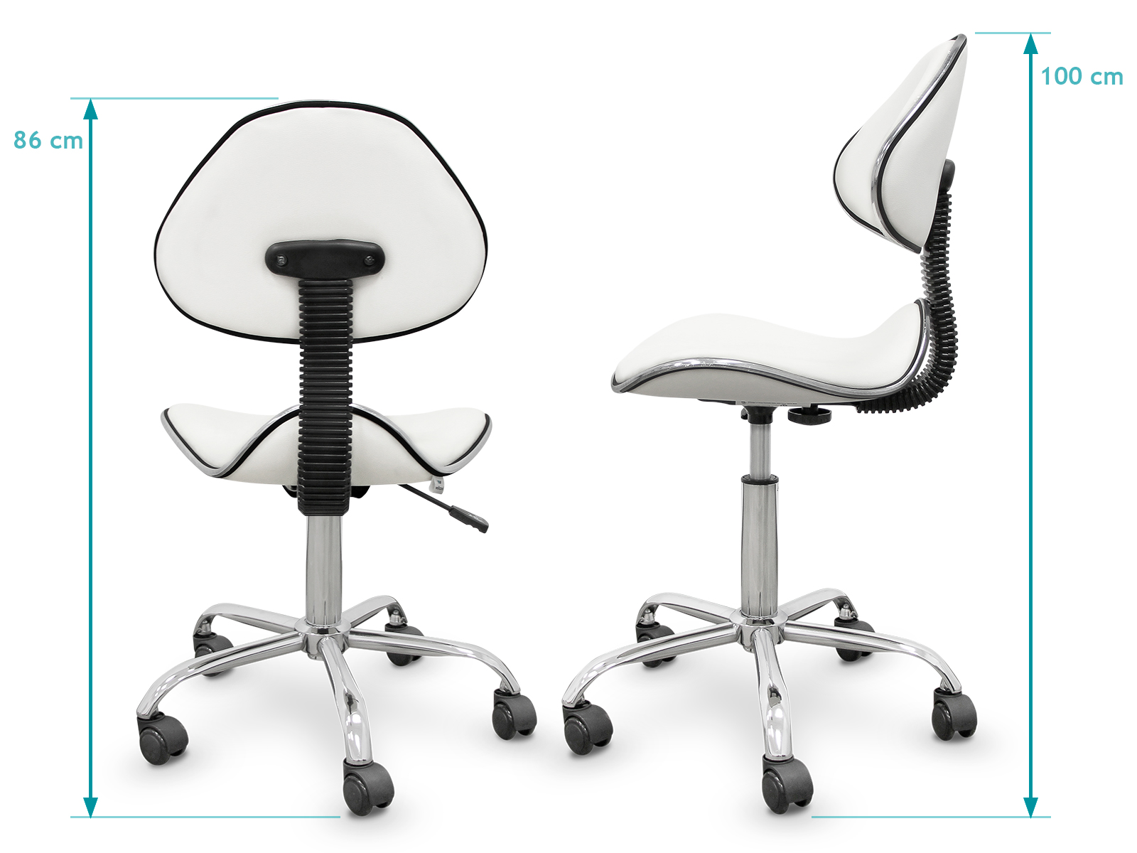 Dos sillas de oficina blancas con detalles en negro, patas metálicas y ruedas. Una silla se ve desde atrás, la otra de lado.