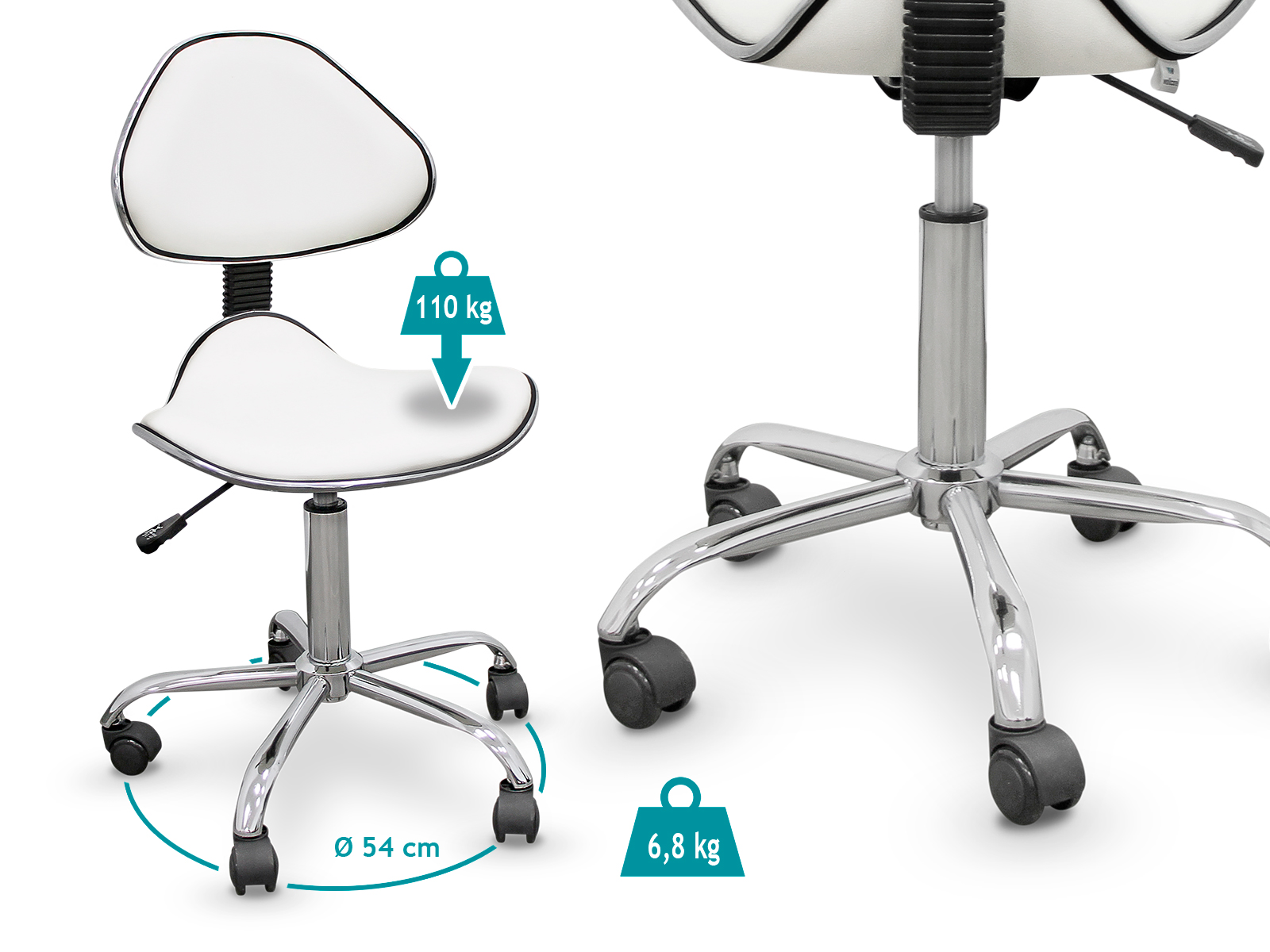 Silla blanca y cromada con respaldo y ruedas. Límite de peso de 110 kg. La base tiene un diámetro de 54 cm. La silla pesa 6,8 kg.