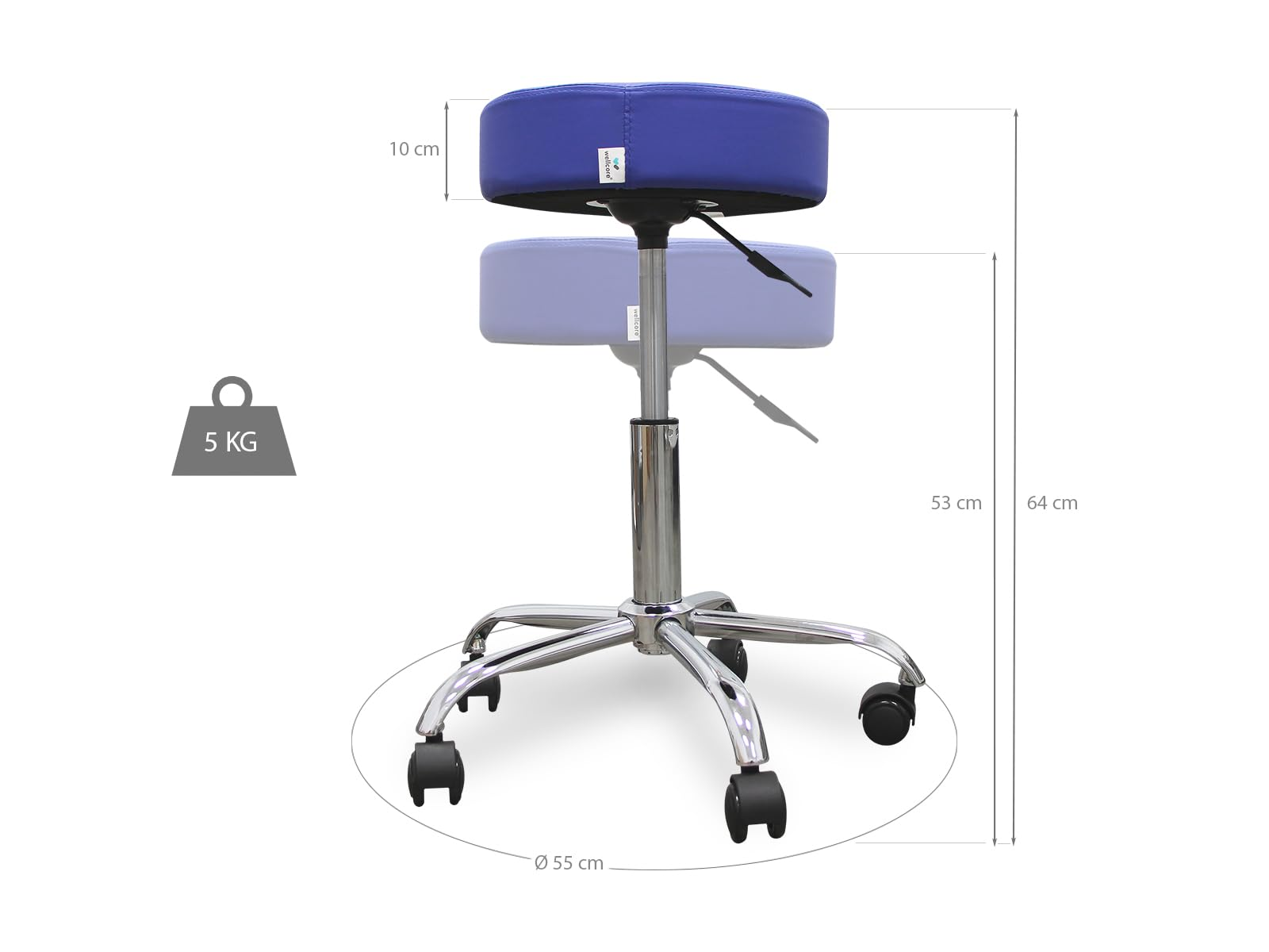 Taburete ajustable azul y cromo. Tiene un asiento redondo azul, base cromada con ruedas y un peso de 5 kg.