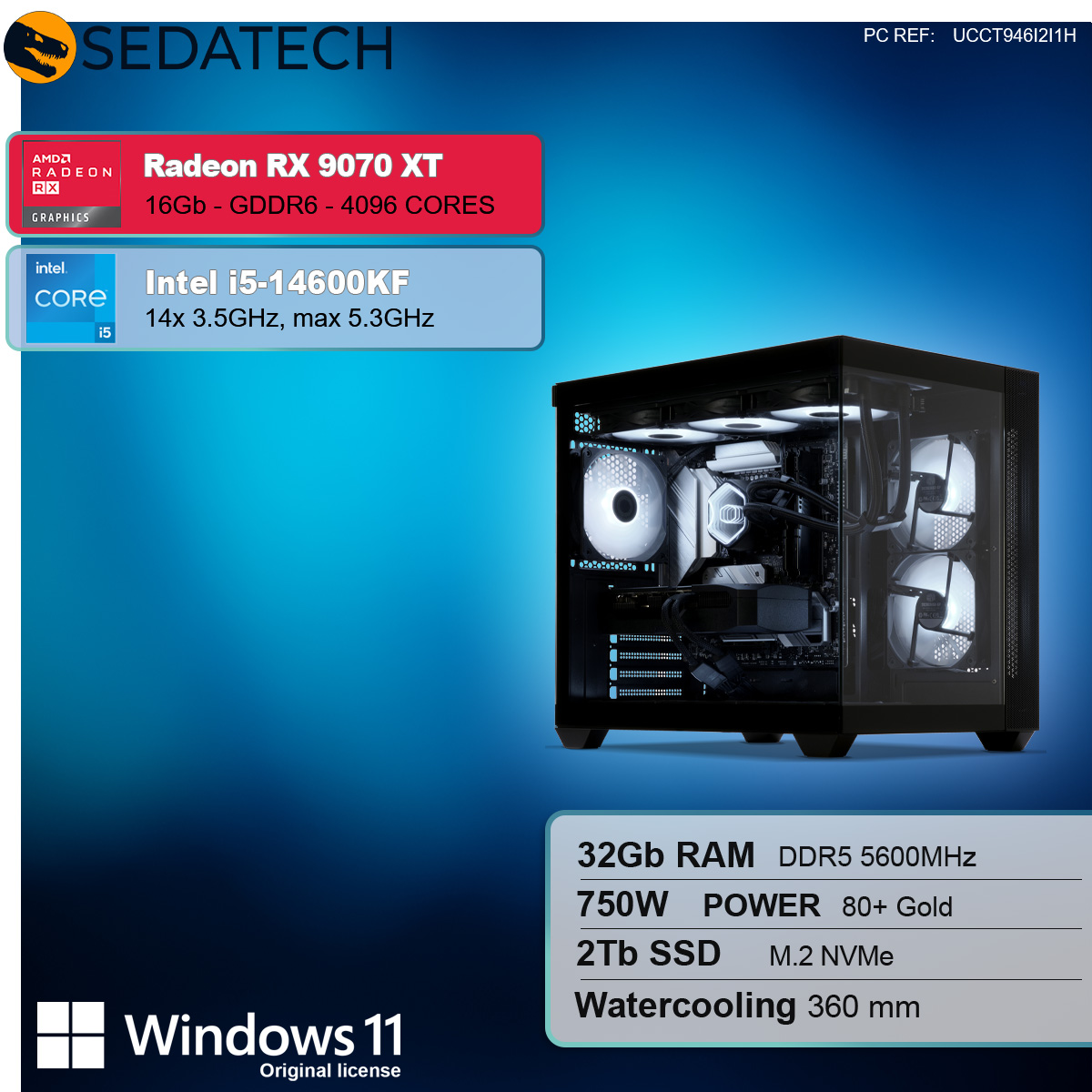 Wyświetlany jest komputer stacjonarny z komponentami. Specyfikacje obejmują Radeon RX 9070 XT, Intel i5, 32 GB RAM, 2 TB SSD i Windows 11.