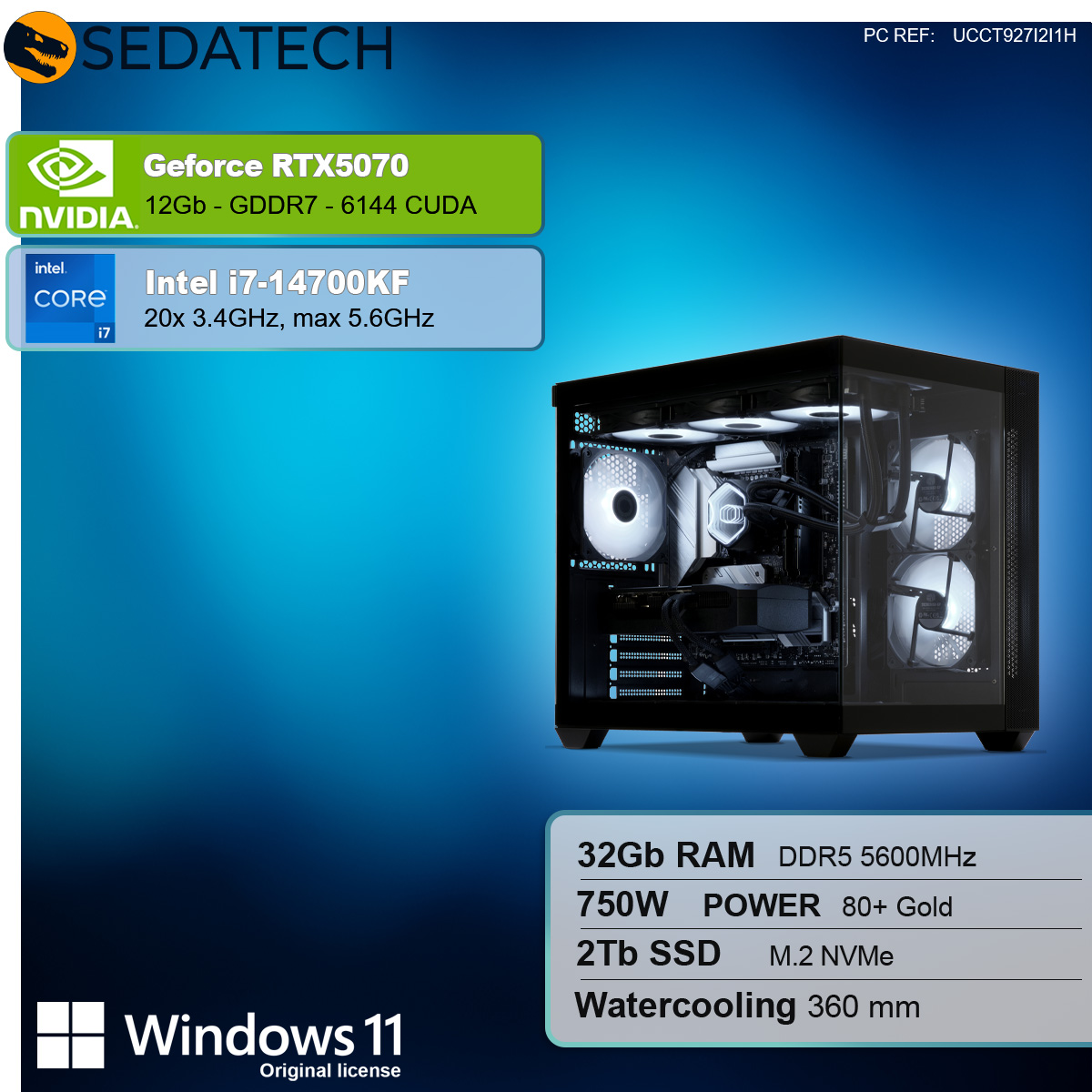 Obudowa komputera ze składnikami: GeForce RTX5070, Intel i7-14700KF, 32GB RAM, 2TB SSD i system chłodzenia wodnego.