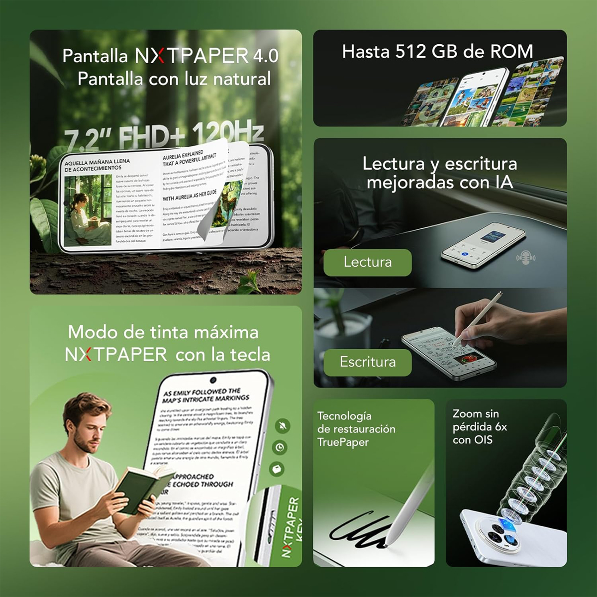 Obrazek przedstawia tablet z tekstem i obrazami. Funkcje obejmują ekran, tryb czytania i pisania, z wyświetloną nazwą produktu.