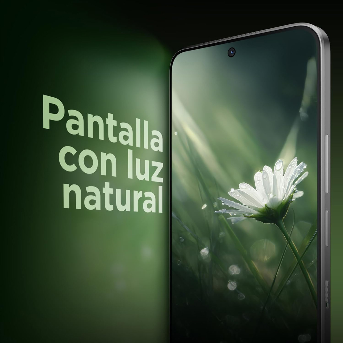Ekran smartfona wyświetla białą stokrotkę na polu ze światłem naturalnym. Tekst po lewej stronie: 'Pantalla con luz natural'.