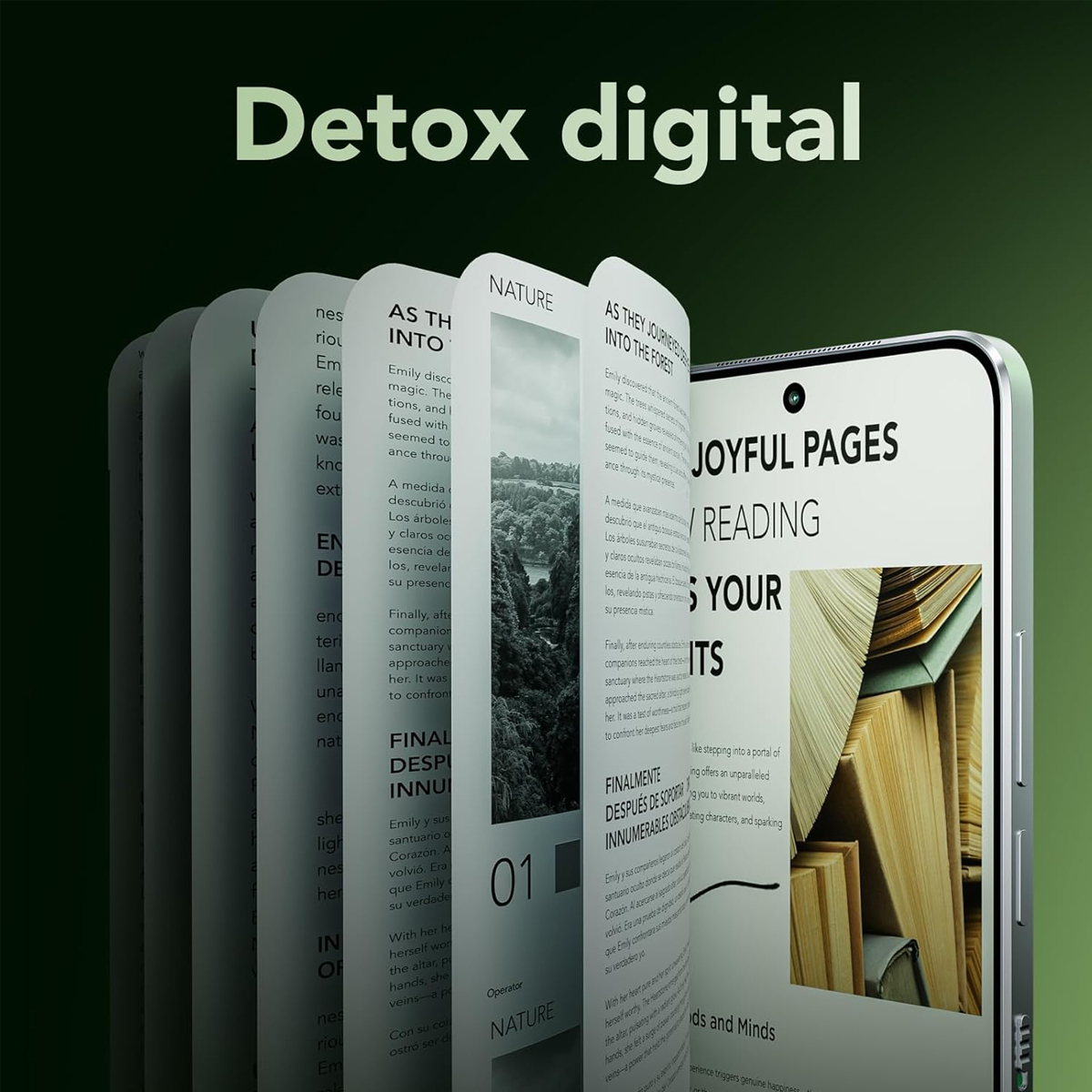 Telefon wyświetlający otwarte strony książki z tekstem. Tło jest zielone. Tekst mówi Detox digital.