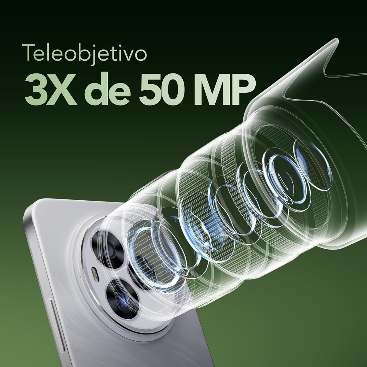 Smartfon z teleobiektywem, zoomem 3X i 50MP. Obiektyw podkreślony przezroczystymi liniami na zielonym tle.