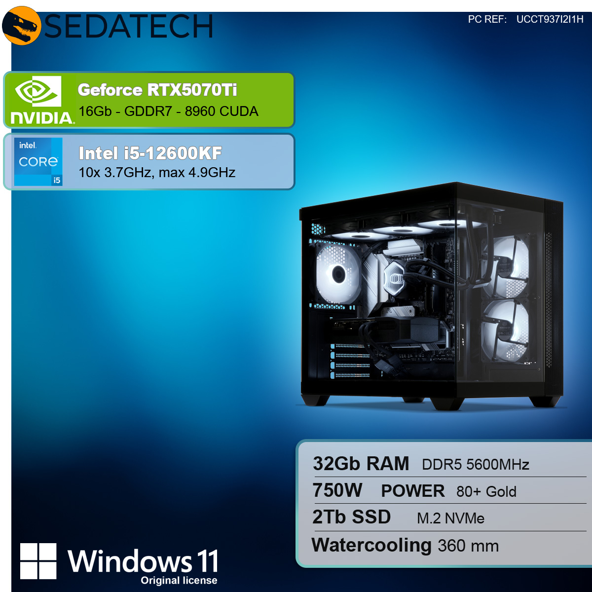 Obudowa komputera z komponentami wewnętrznymi. Tekst wyświetla specyfikacje: RTX5070Ti, Intel i5, 32 GB RAM, zasilacz 750 W, 2 TB SSD i Windows 11.