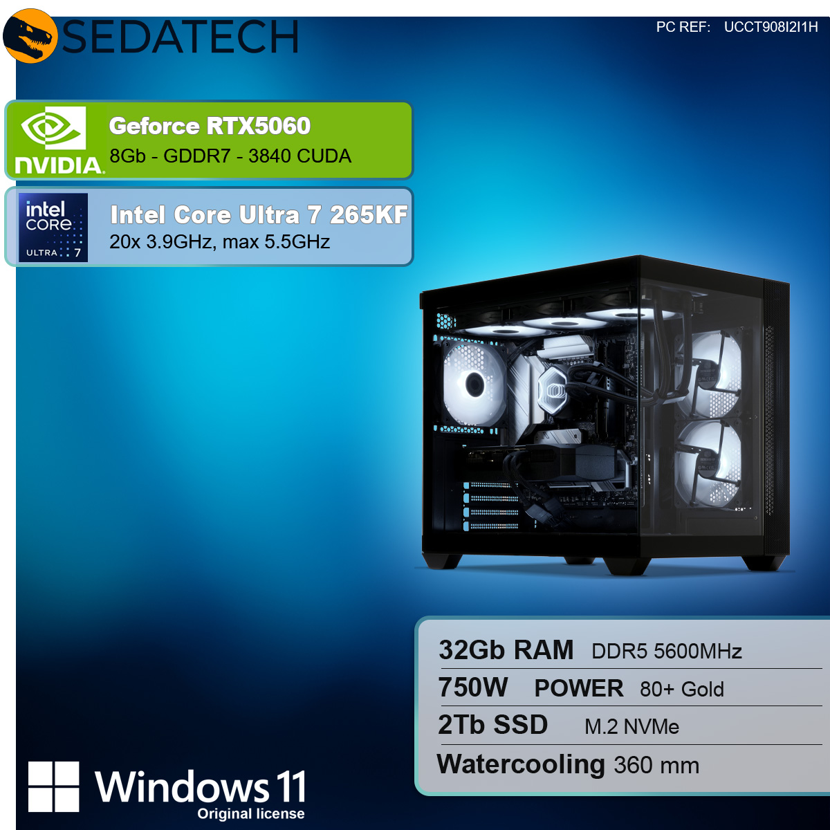 Obudowa komputera z podzespołami oświetlonymi białym światłem. Specyfikacje obejmują RTX 5060, Intel Core Ultra 7, 32 GB RAM, 2 TB SSD i chłodzenie wodne.