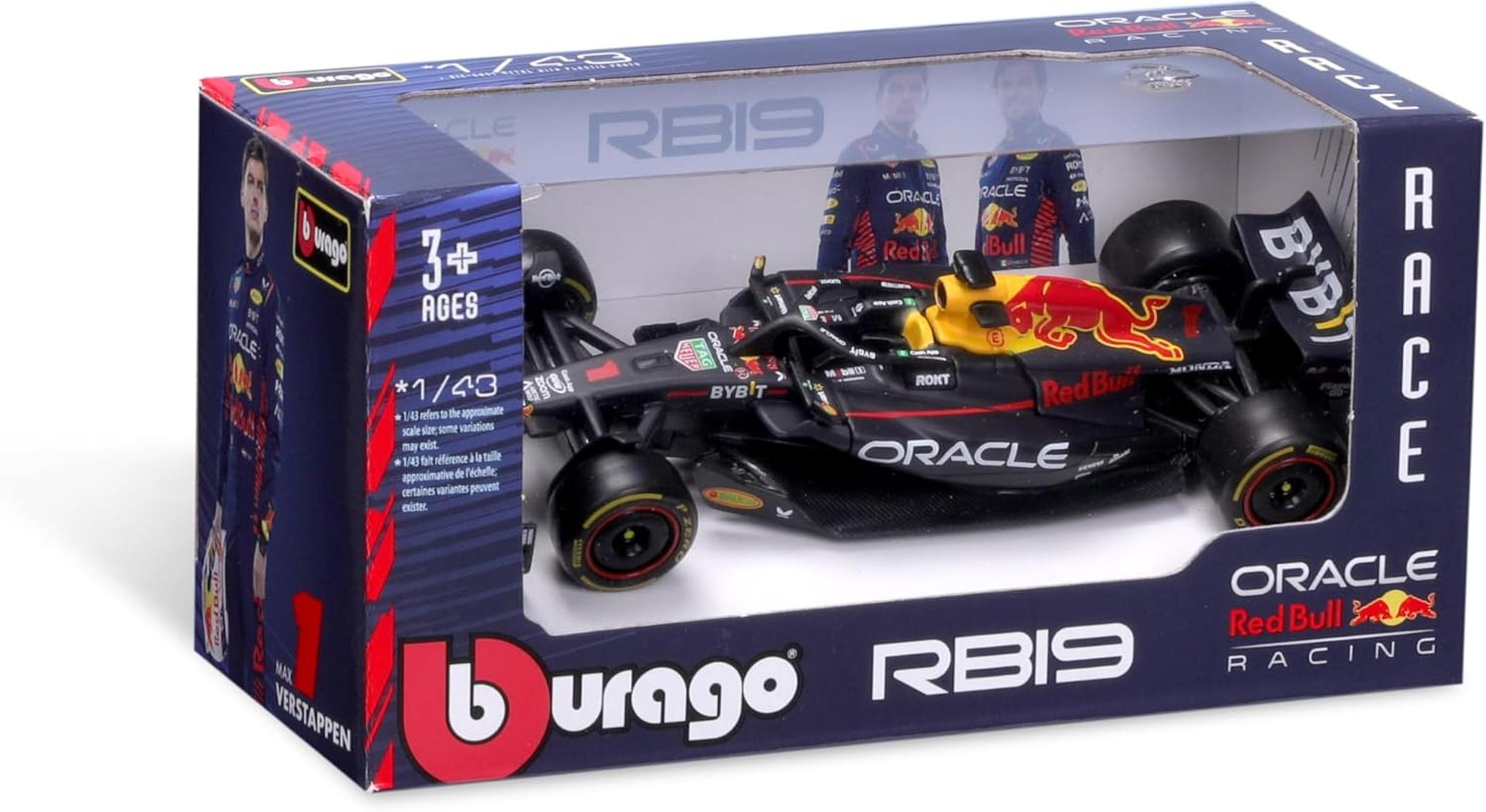 Ein Modellauto des Red Bull Racing RB19 in einer Box. Die Box zeigt Bilder von Fahrern und dem Teamlogo. Das Auto ist schwarz und rot.