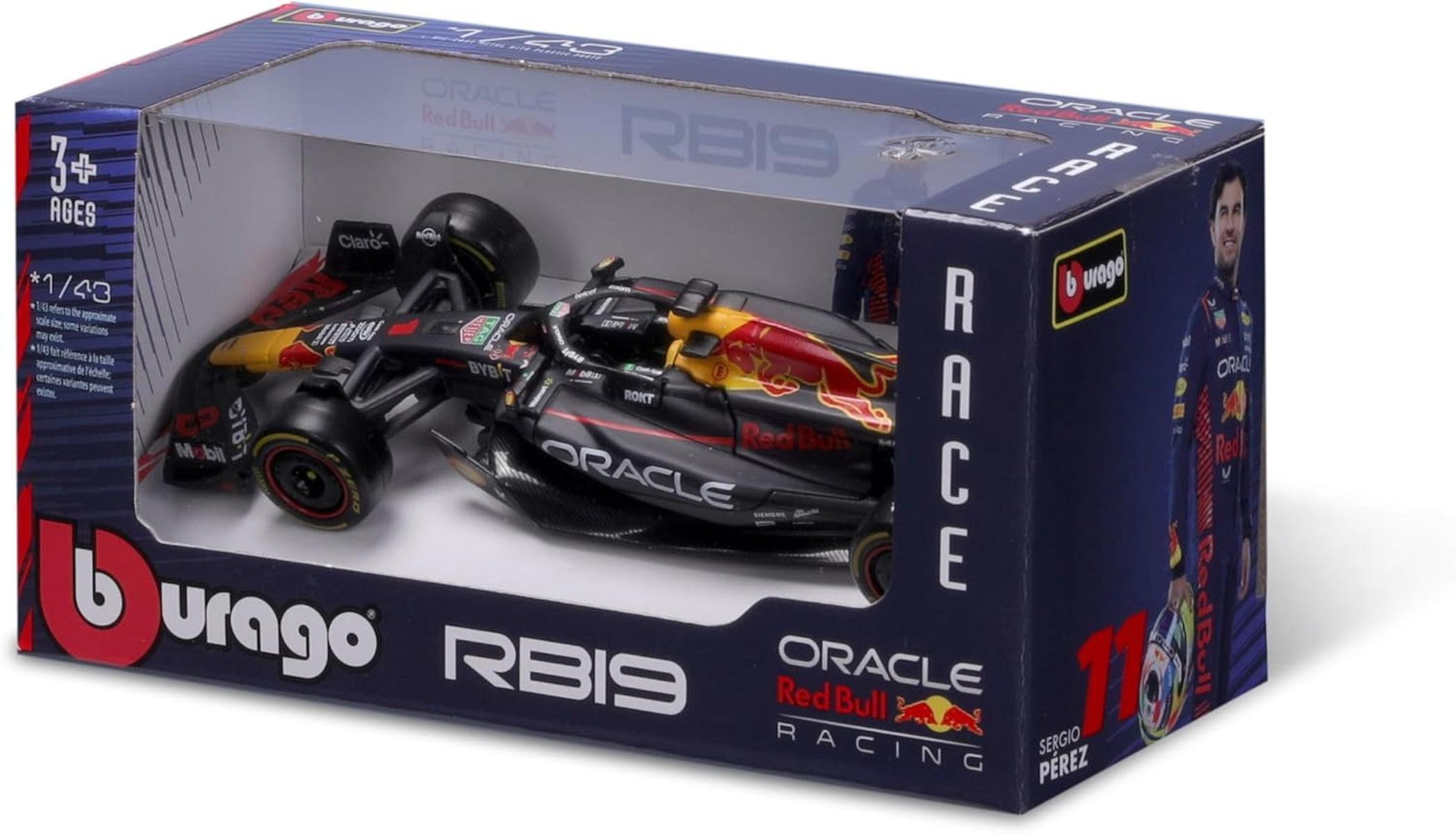 Ein Modellauto des Red Bull RB19 in einer Schachtel. Die Schachtel hat das Red Bull Logo und den Namen des Fahrers, Sergio Perez.