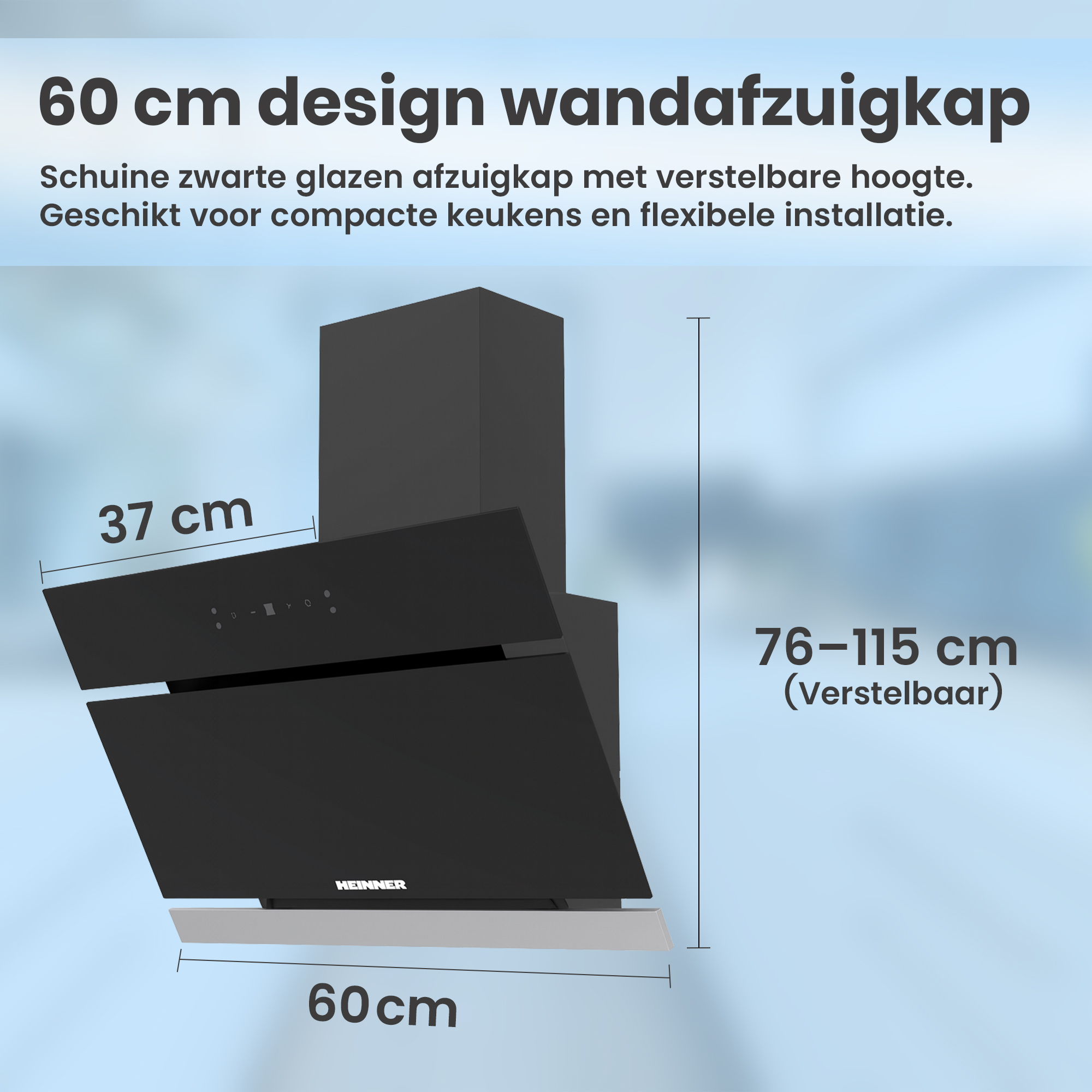 Zwarte afzuigkap met afmetingen. Verstelbare hoogte, geschikt voor compacte keukens.
