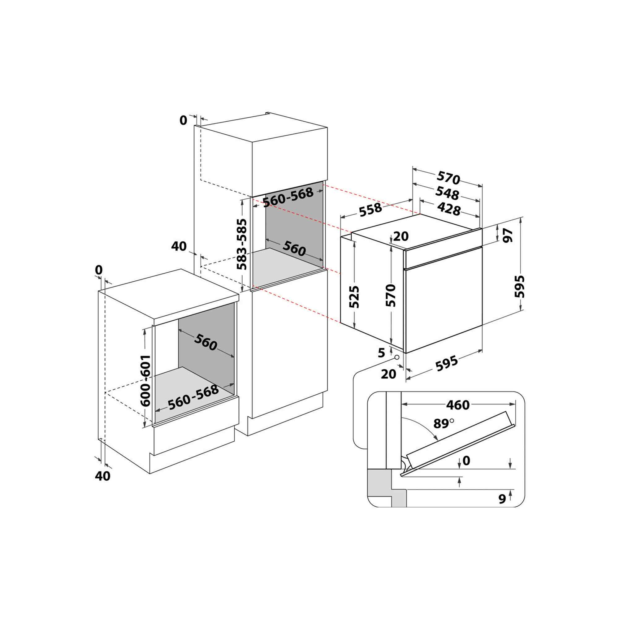 Diagramm von Küchengeräten mit Abmessungen. Enthält Ofen, Mikrowelle und Schränke mit Maßangaben in Millimetern.