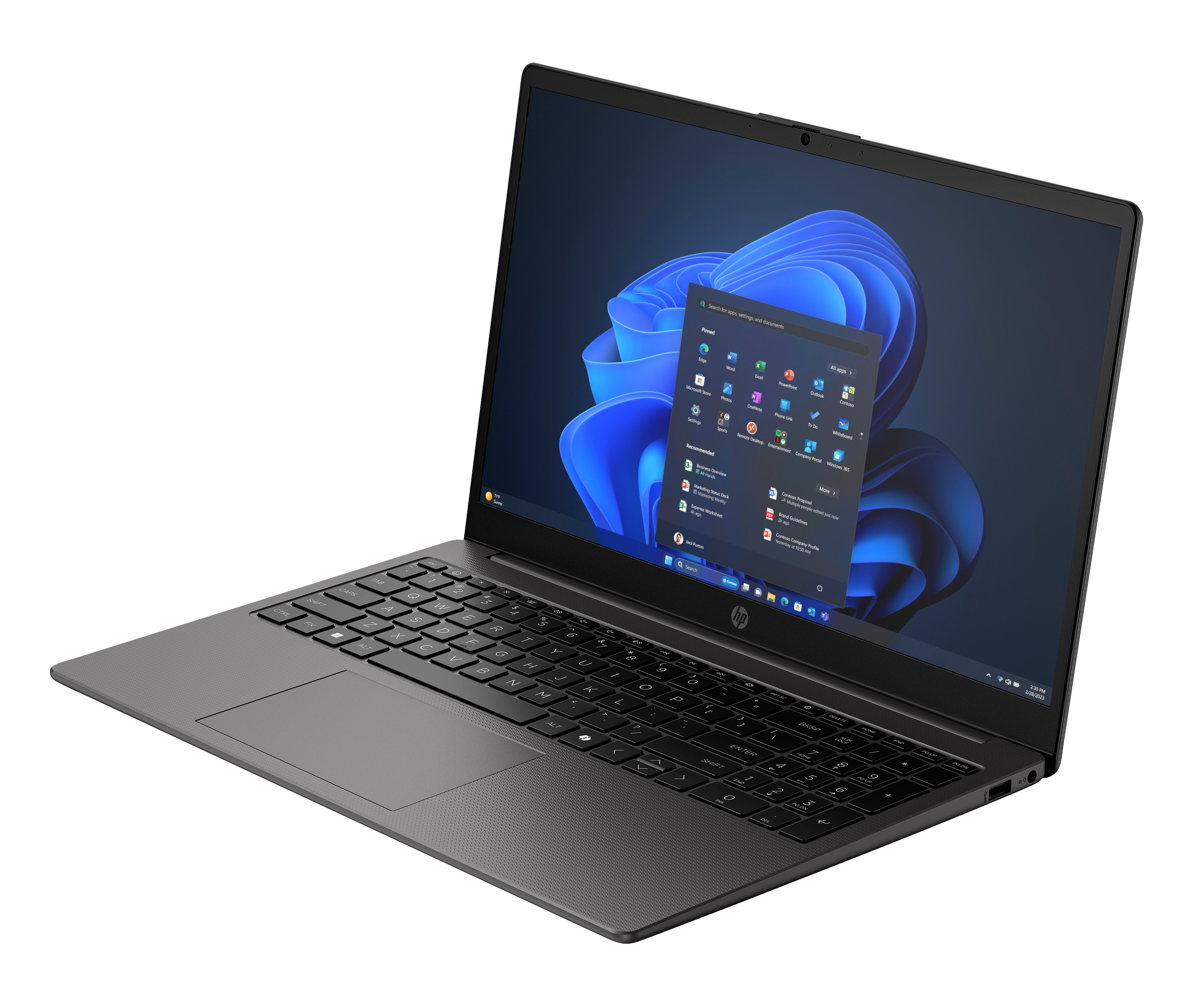 Un laptop HP grigio scuro è aperto. Lo schermo mostra il menu Start di Windows 11 con varie icone di app.