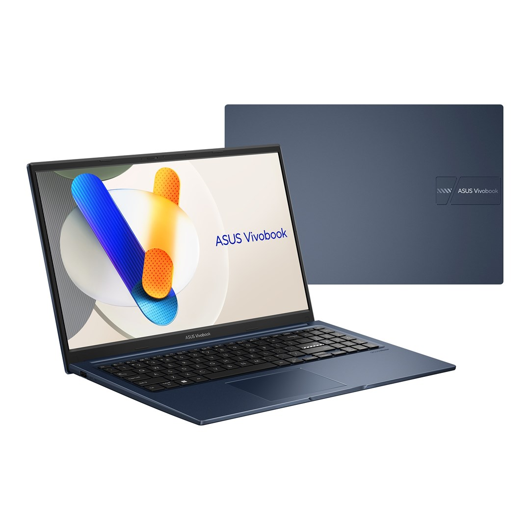 Niebieski laptop ASUS Vivobook jest otwarty, z klawiaturą. Za nim znajduje się druga pokrywa laptopa. Ekran ma kolorowy design.