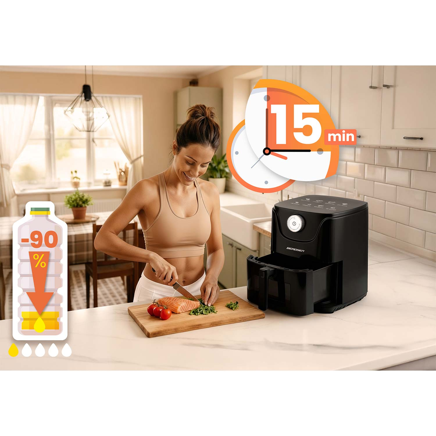 Kobieta w kuchni kroi łososia. Widoczna frytownica i timer. Grafika butelki pokazuje 90% wypełnienia z kroplami oleju.