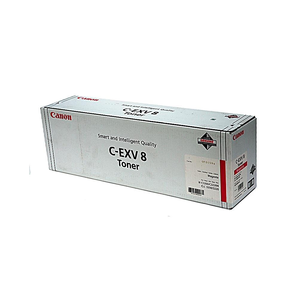 Una scatola di toner Canon C-EXV 8, bianca con testo nero e rosso, su sfondo bianco. 'Magenta' è visibile.