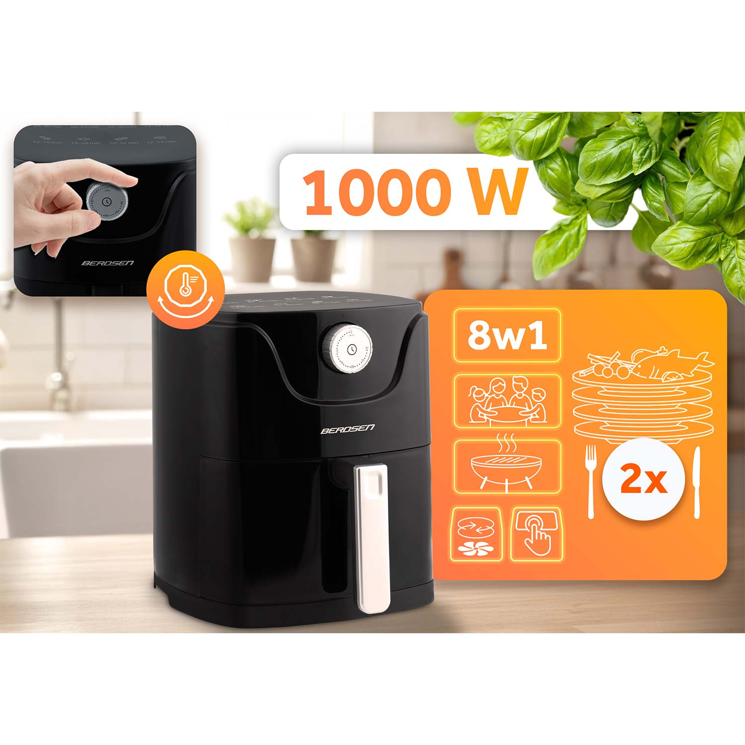 Czarna frytownica powietrzna z białym uchwytem stoi na drewnianej powierzchni. Ręka reguluje pokrętło, a pomarańczowa grafika pokazuje jej funkcje.