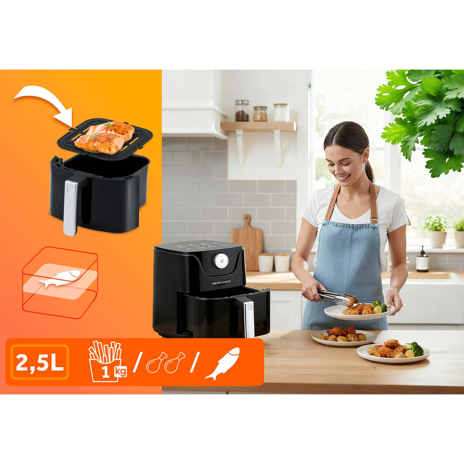 Frytkownica powietrzna z jedzeniem w środku, kobieta układająca jedzenie na talerzach oraz ikony wskazujące pojemność 2,5 l i wagę 1 kg.