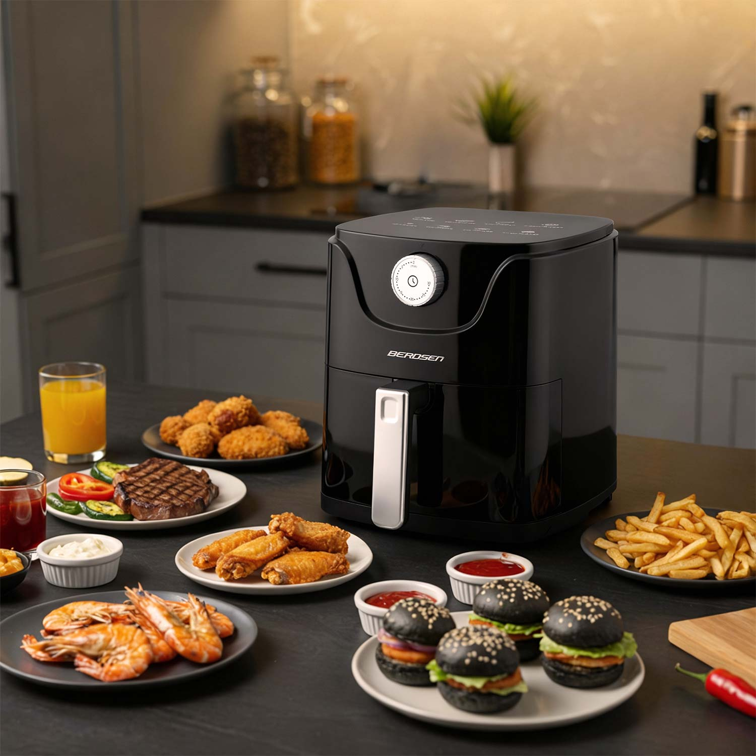 Czarna frytownica powietrzna otoczona talerzami z jedzeniem, w tym burgerami, frytkami, krewetkami, stekiem, skrzydełkami i napojami.