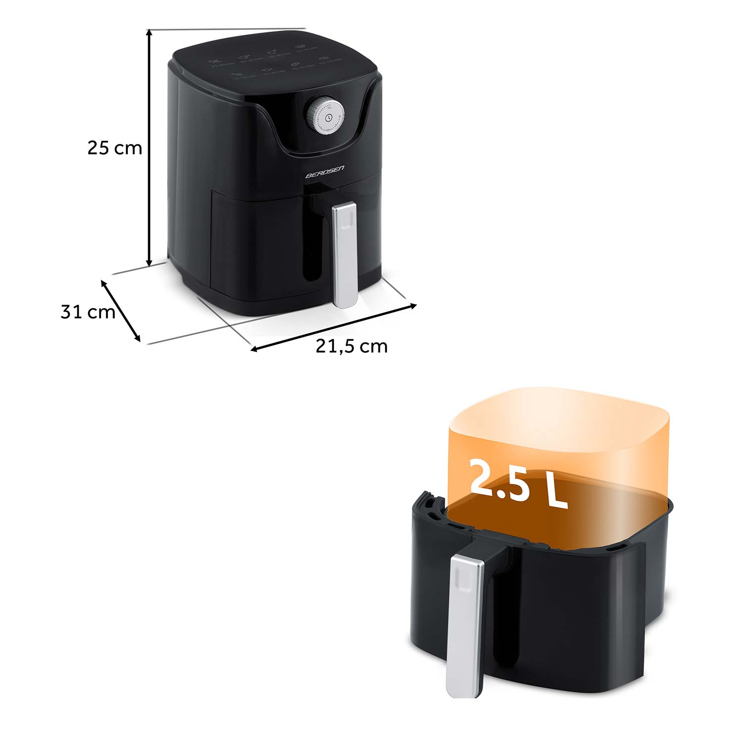 Czarna frytownica powietrzna z podanymi wymiarami. Zawiera obraz pojemności 2,5L. Frytownica ma srebrny uchwyt.