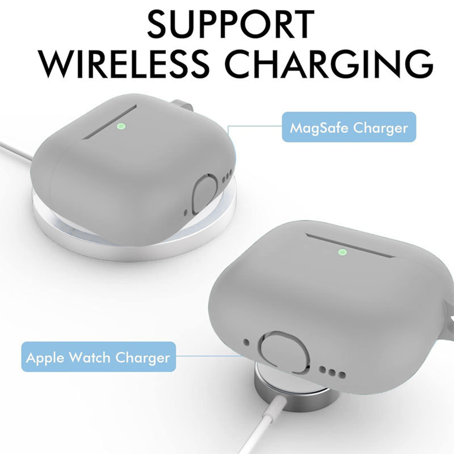 L'immagine mostra due custodie di ricarica grigie con etichetta 'MagSafe Charger' e 'Apple Watch Charger' che supportano la ricarica wireless.