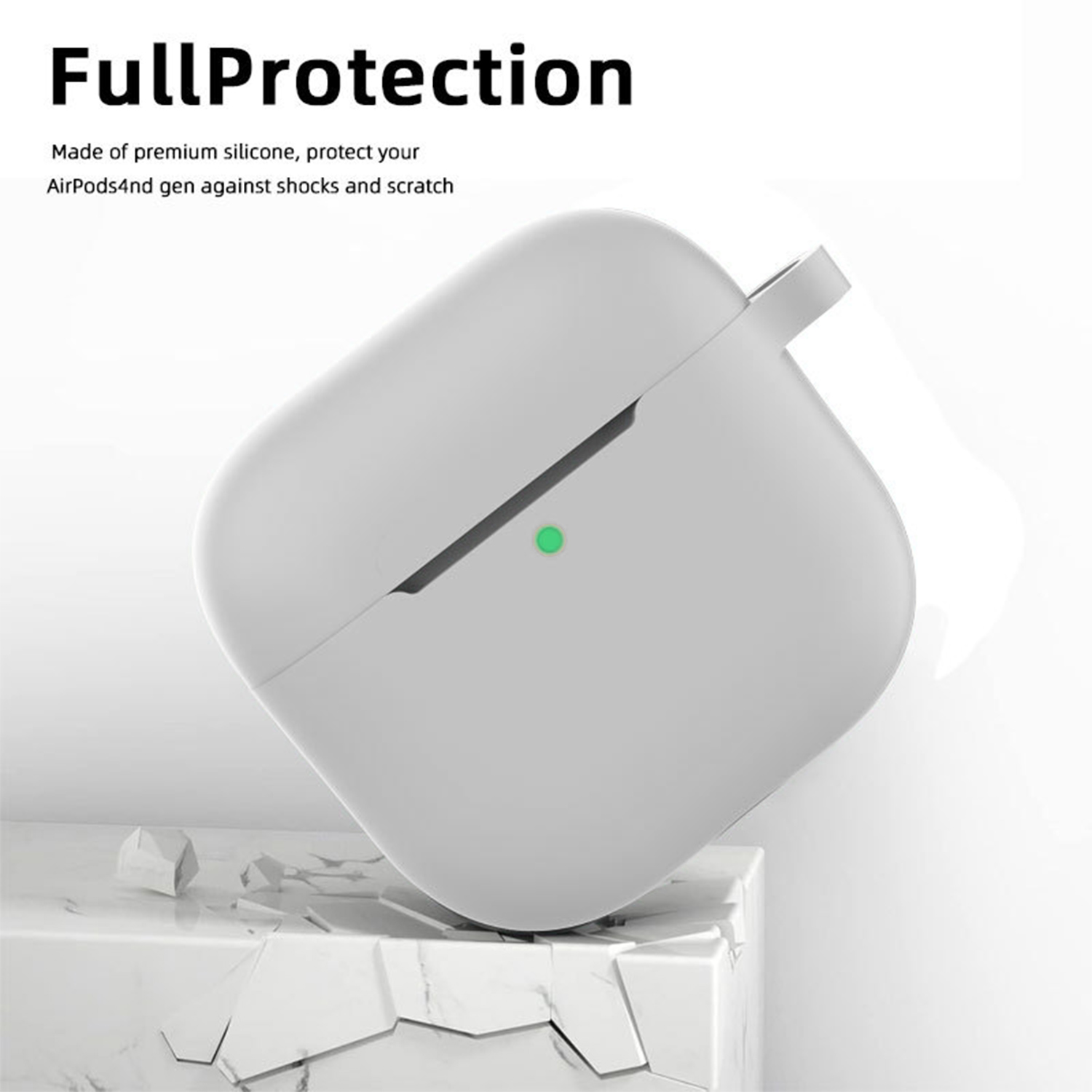 Una custodia bianca per AirPods con una luce verde è appoggiata su una superficie bianca screpolata. Il testo sopra recita 'Full Protection' e una descrizione.