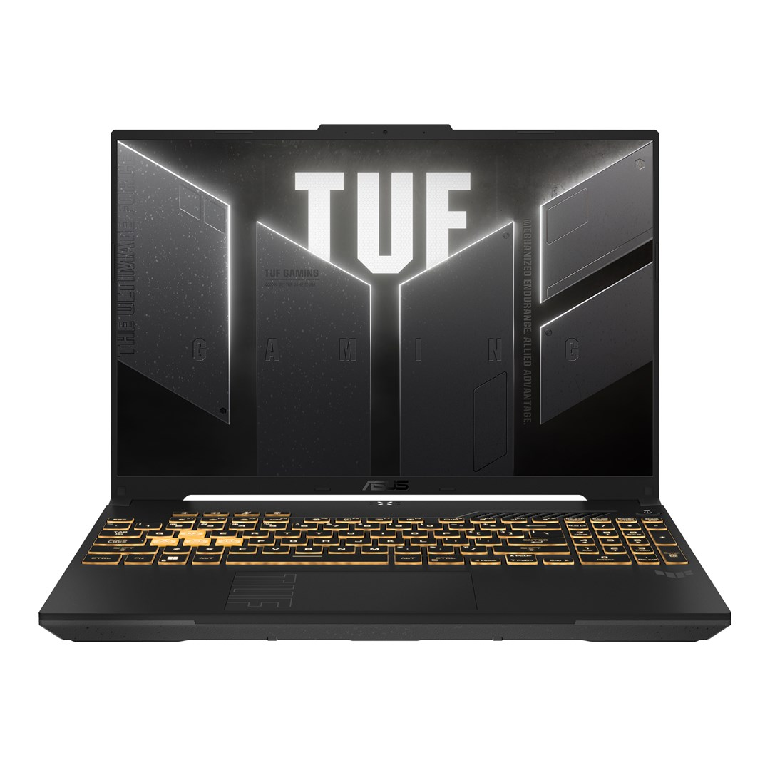 Czarny laptop ASUS TUF, otwarty, z ekranem z logo TUF i podświetlaną klawiaturą. Ekran wyświetla szare wzory.