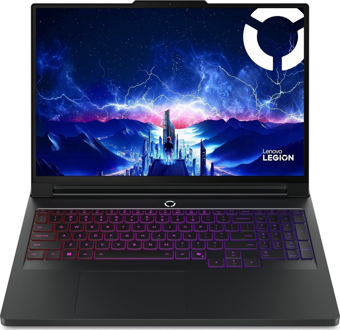 Czarny laptop Lenovo Legion z żywym ekranem przedstawiającym futurystyczną scenę miejską i kolorową podświetlaną klawiaturą.
