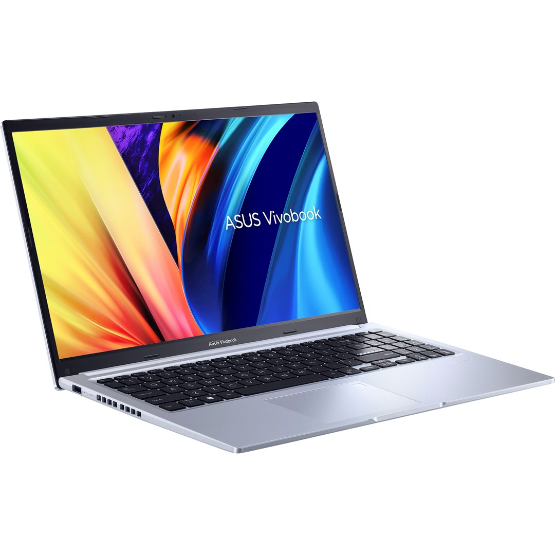 Laptop ASUS Vivobook jest otwarty. Ekran wyświetla kolorowy abstrakcyjny obraz i słowa 'ASUS Vivobook'. Klawiatura jest widoczna.
