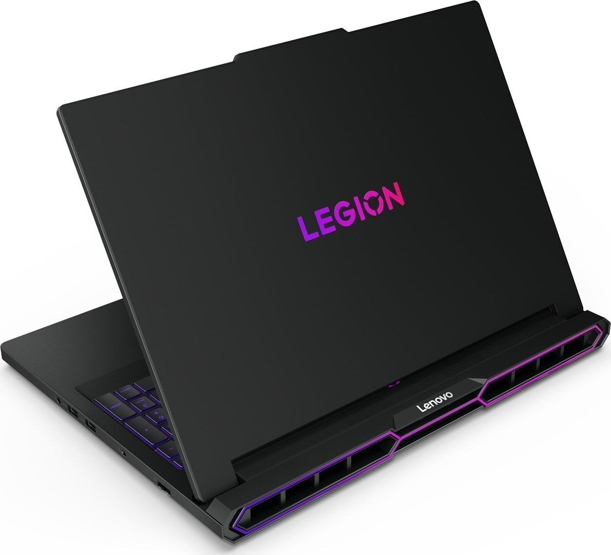 Czarny laptop Lenovo Legion z fioletowymi akcentami. Logo 'LEGION' na pokrywie. Klawiatura świeci na fioletowo. 'Lenovo' na dole.