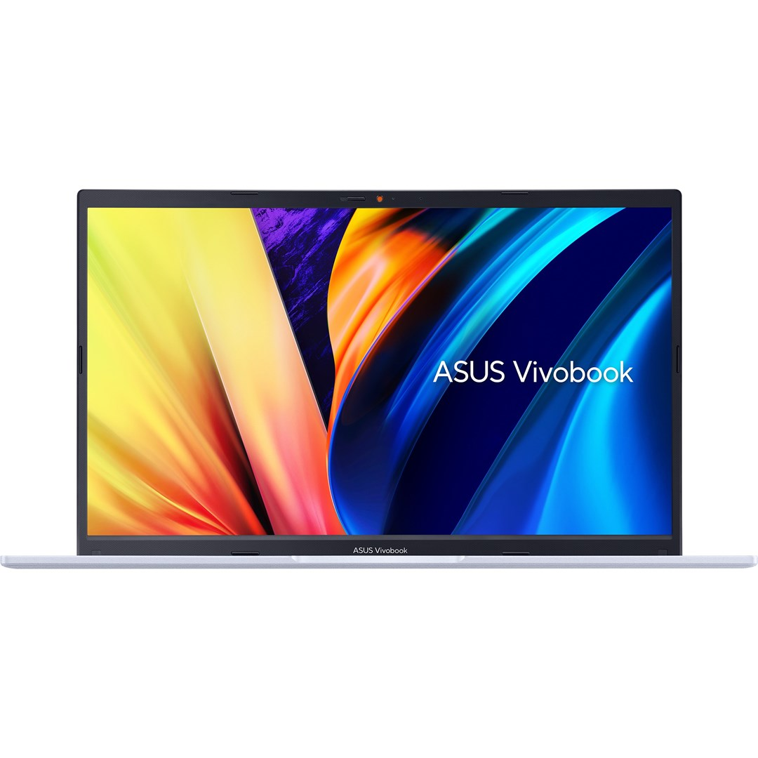 Wyświetlany jest laptop ASUS Vivobook. Ekran pokazuje kolorowy, abstrakcyjny design. Laptop jest jasnoszary z logo ASUS.