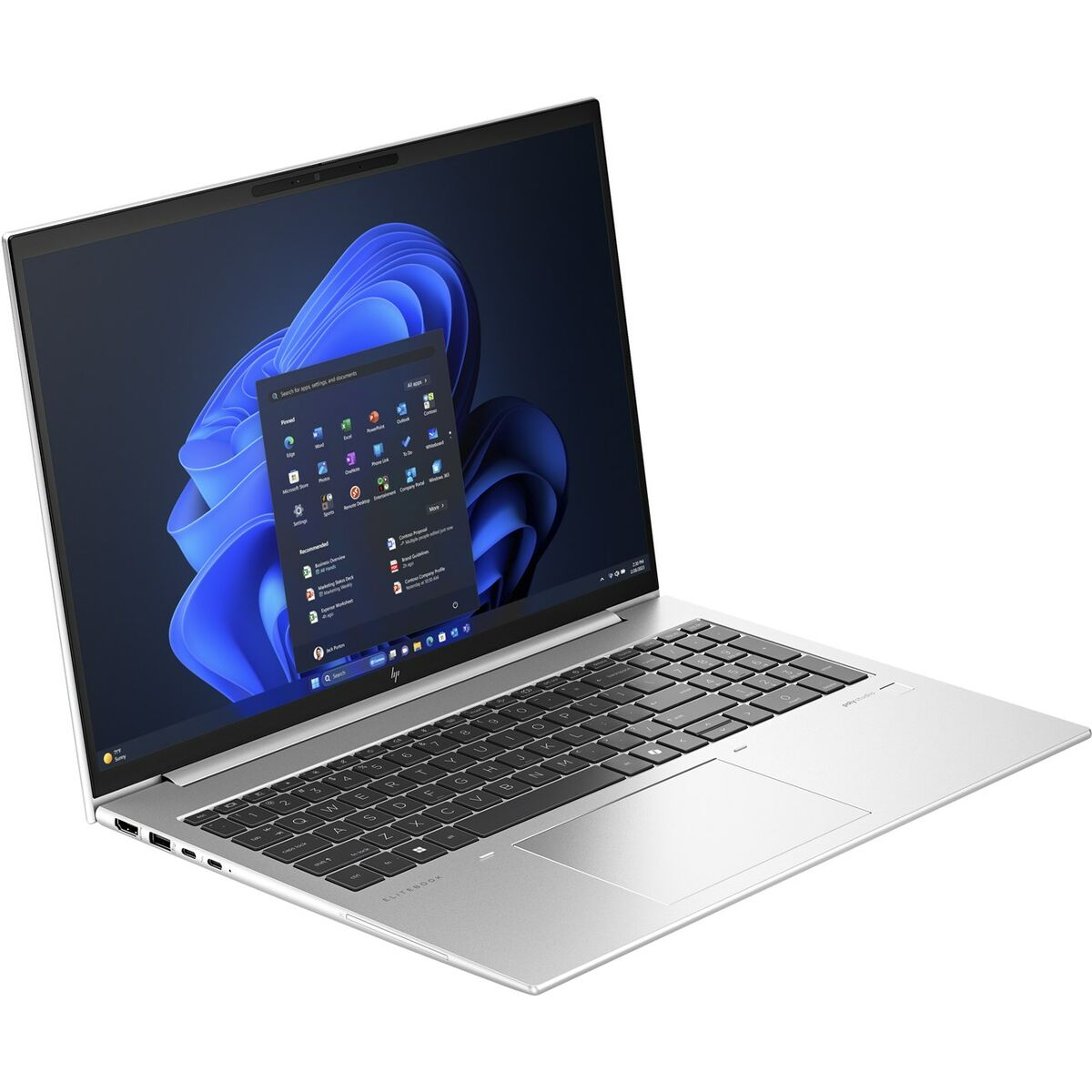 Srebrny laptop z czarną klawiaturą. Ekran wyświetla interfejs Windows z niebieskim abstrakcyjnym tłem. Widoczne logo HP EliteBook.