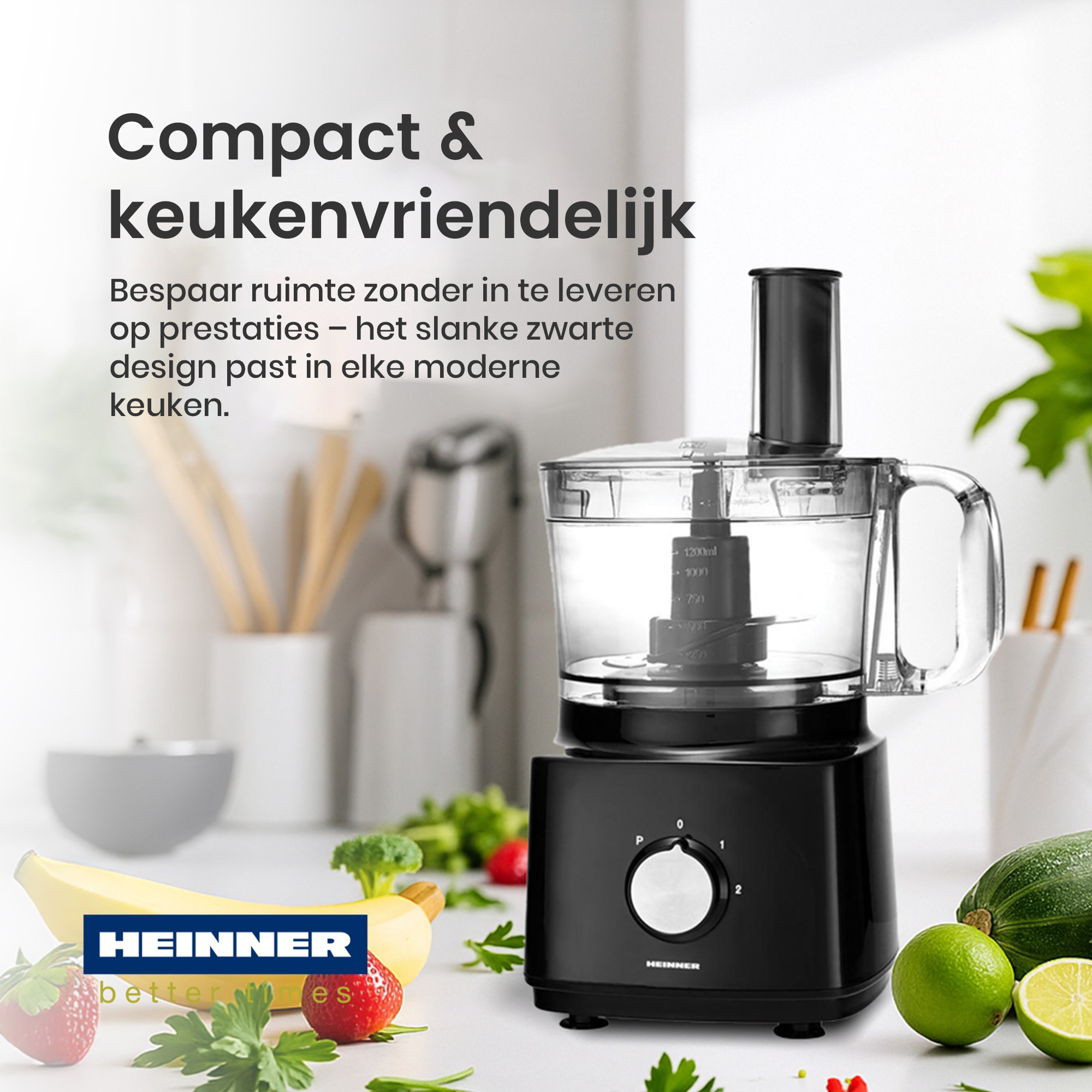 A black food processor with fruits and vegetables. Text reads 'Compact & keukenvriendelijk'.  A logo says 'HEINNER'.