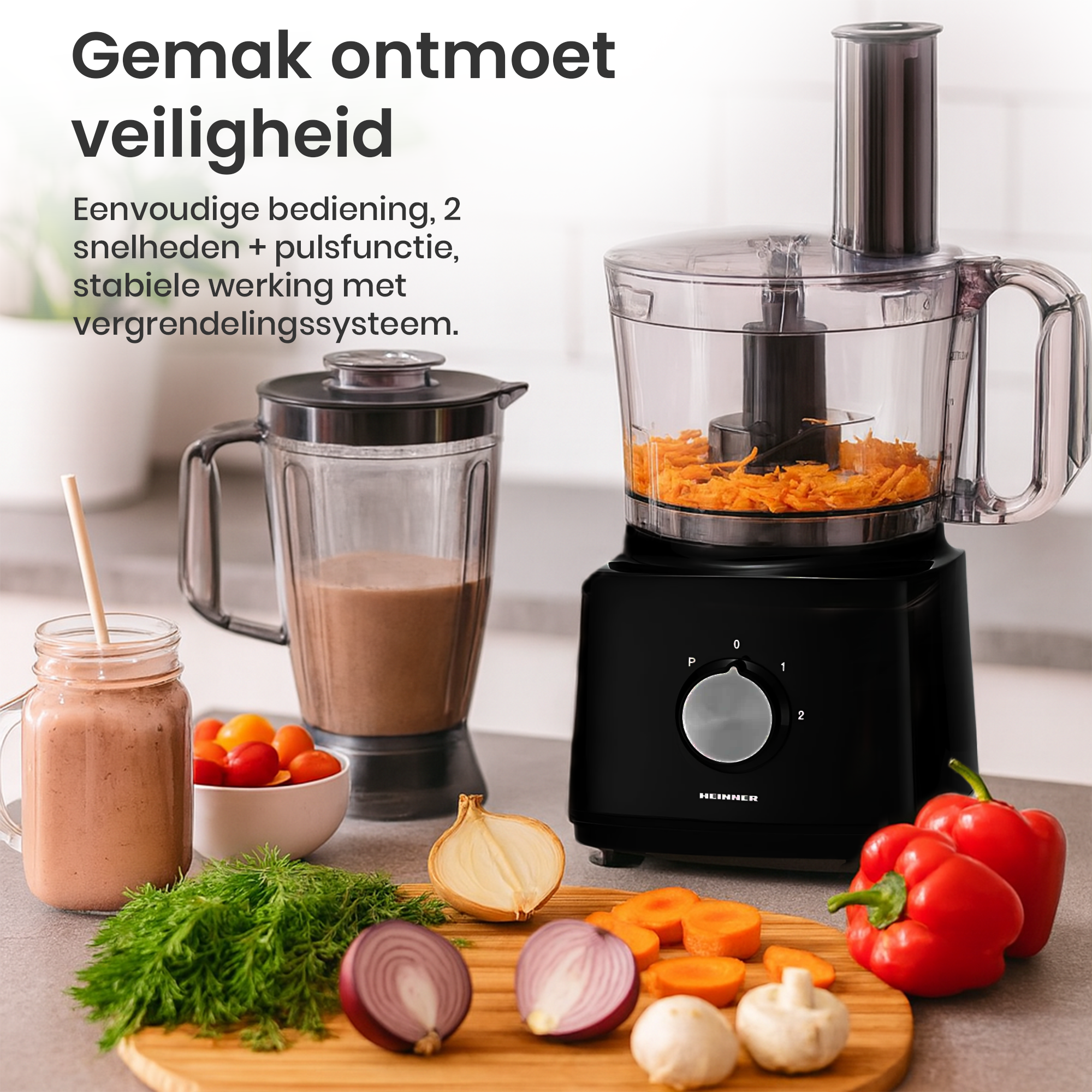 A food processor with vegetables and smoothie. On a wooden board, there are vegetables such as onion, pepper and carrot.