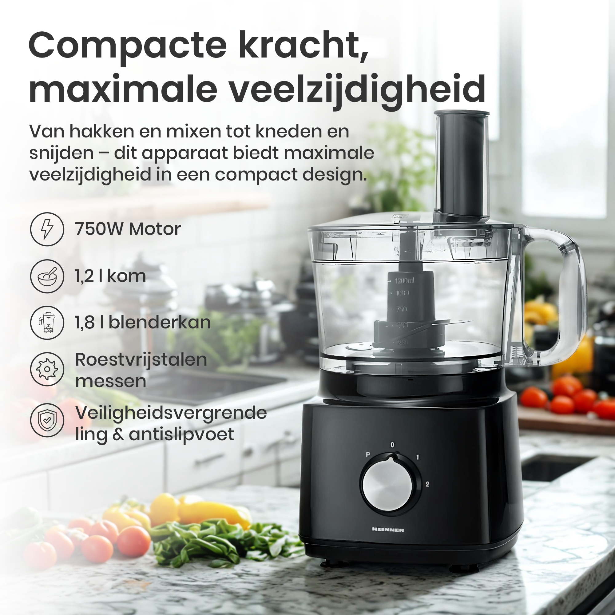 Black food processor with clear container. Tomatoes and vegetables are in the foreground.