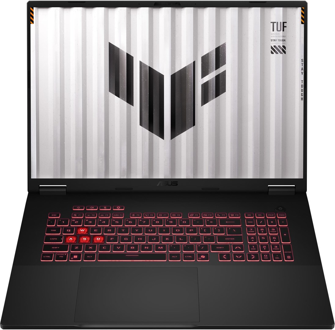 Portátil negro con teclado rojo iluminado. La pantalla muestra un logotipo con líneas verticales. El portátil está abierto.