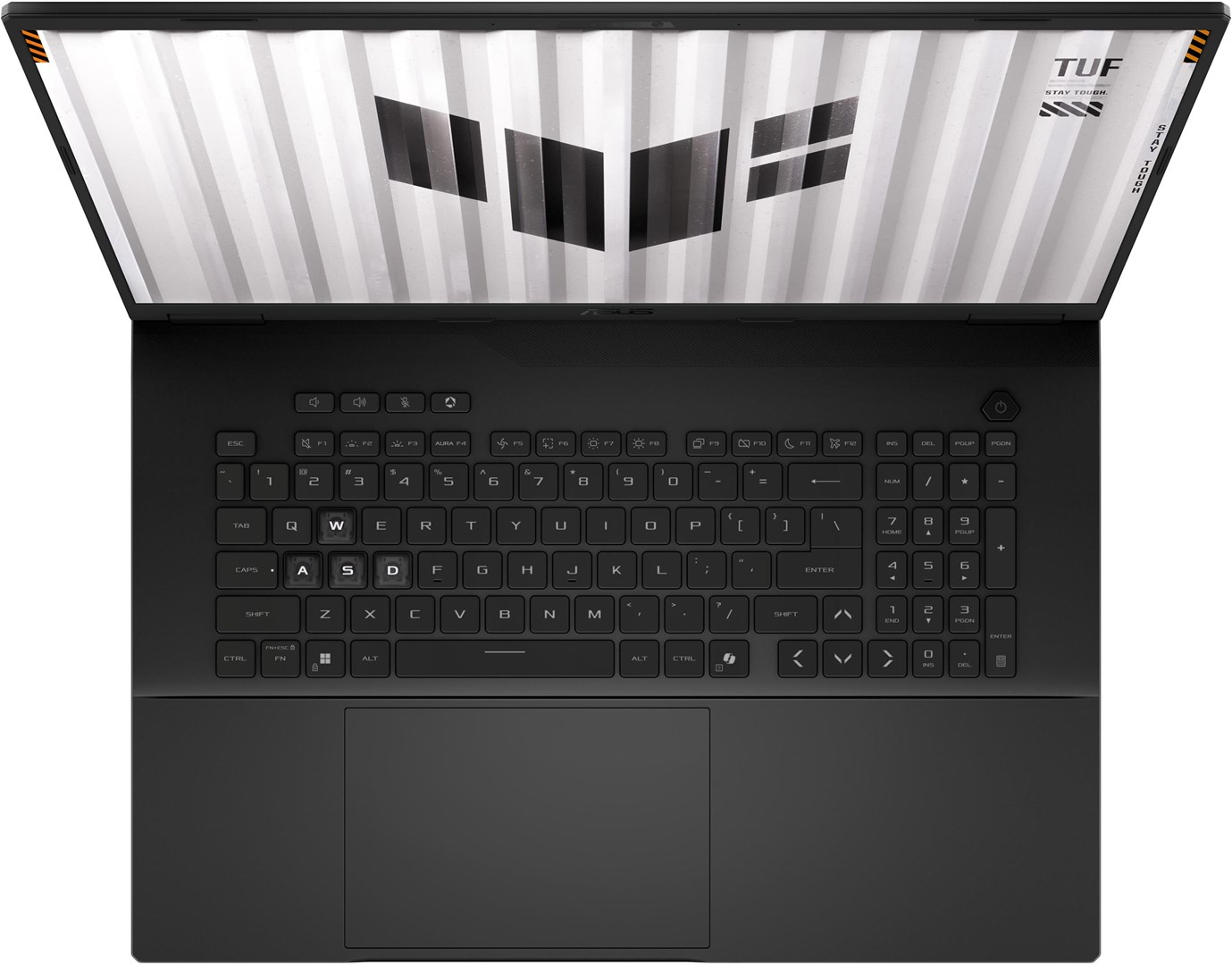 Portátil negro, abierto. La pantalla muestra un diseño blanco y gris. Teclado visible con letras y números.
