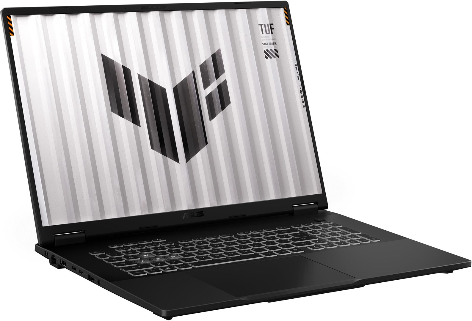 Ordenador portátil negro con pantalla abierta que muestra un logotipo. La pantalla tiene un patrón de rayas. Teclado visible. Logotipo de ASUS presente.