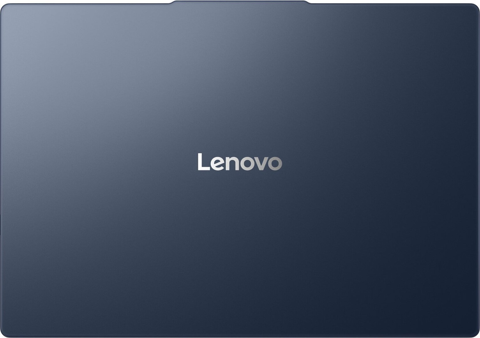 Zamknięty, granatowy laptop Lenovo. Logo Lenovo jest wyśrodkowane i metaliczne.