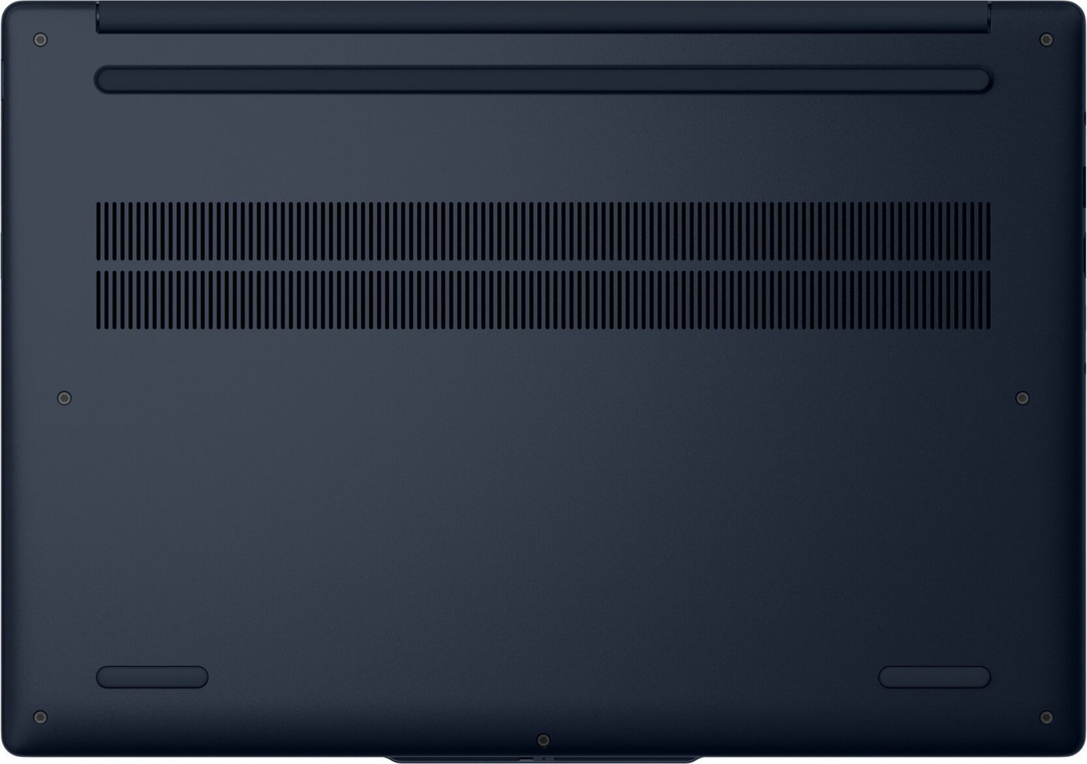 Ciemnoniebieska podstawa laptopa. Kratki wentylacyjne u góry, zaokrąglone nóżki oraz małe okrągłe i owalne kształty są widoczne.