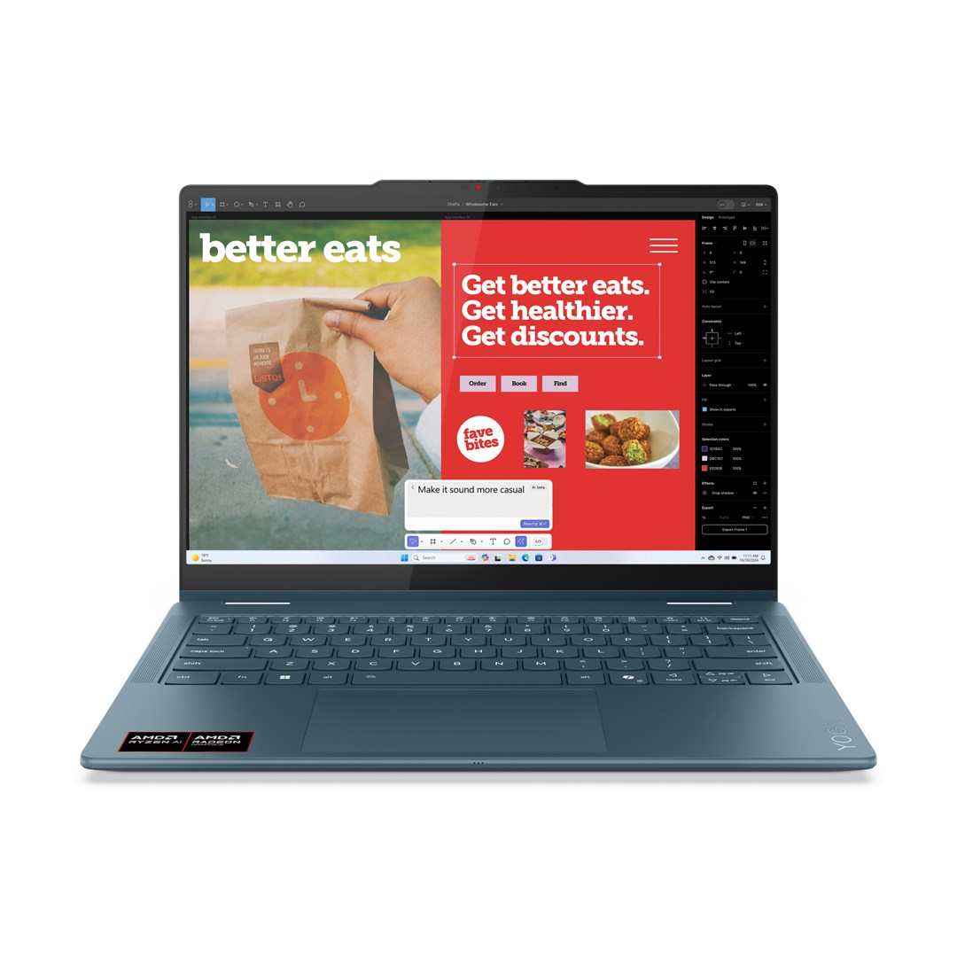 Niebieski laptop wyświetla stronę internetową z jedzeniem. Na ekranie widnieje napis 'better eats' i 'Get better eats. Get healthier. Get discounts.'
